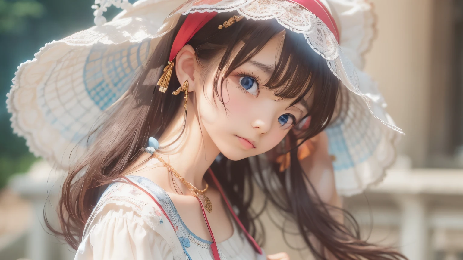 detailed face, cute face,brown eye, ((sfw: 1.4)), (sfw,She is wearing a long white embroidered skirt, a red blouse with lace, a white apron tied around her waist, blue socks, and brown leather shoes.A blue scarf is on her head. Yes, her accessories include necklaces, earrings, and bracelets. 1 Girl)), Ultra High Resolution, (Realistic: 1.4), RAW Photo, Best Quality, (Photorealistic Stick), Focus, Soft Light, ((15 years old)),  ((Japanese)), (( (young face))), (surface), (depth of field), masterpiece, (realistic), woman, bangs, ((1 girl))