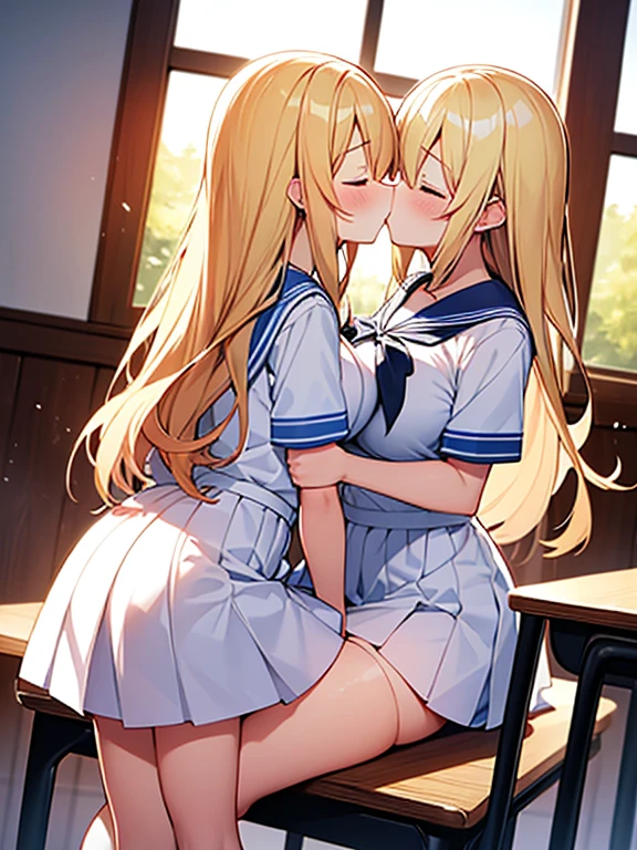 Tabletop, highest quality,figure, wallpaper, Super detailed, Absurd beauty、School、In the classroom、evening、Backlight、（(Two beautiful girls、))、(Blonde、long、Wavy Hair、Very large breasts、Beautiful legs)、(((to kiss)))、Close your eyes、、White sailor suit with short sleeves、Blue and white checked skirt、blush、Shyness