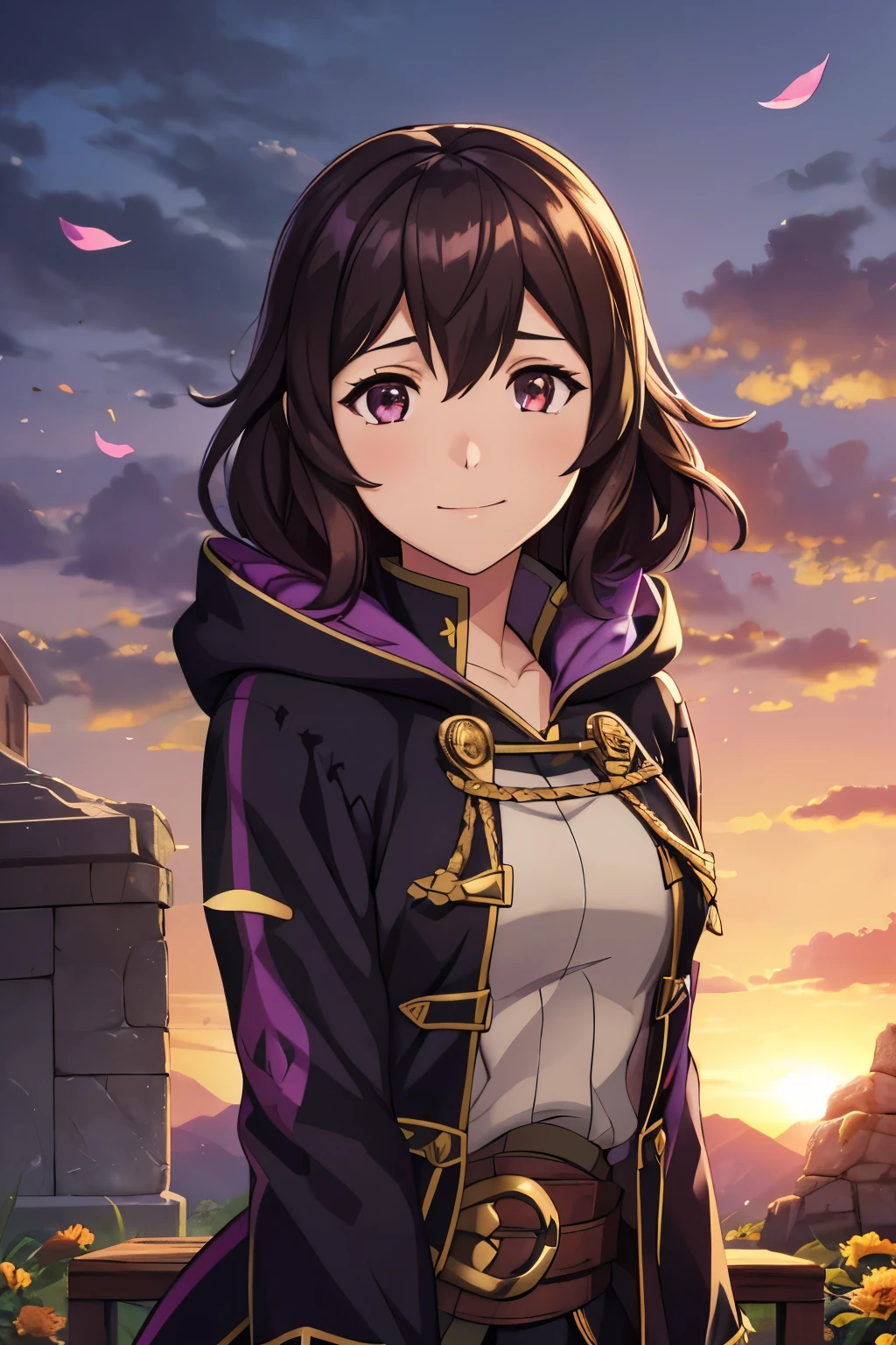 (high-quality, breathtaking),(expressive eyes, perfect face) 1girl, female, solo, portrait, Fire Emblem Awakening, Symmetrical Eyes, open field background, Robin (Fire Emblem: Awakening), dark Brown hair color, short hair length, messy wavy hair, hair ornament, upper body, pink eyes, Black and purple robe, gold trim, hood, white shirt, brown belt, tomb, positive expression, cute smile, detailed eyes, adorable face, short height, Cult of Grima, Fell Dragon Grima, Arms down, female robin (fire emblem), dark brown hair, flower petals, braided bang, soft breeze, sunrise skies
