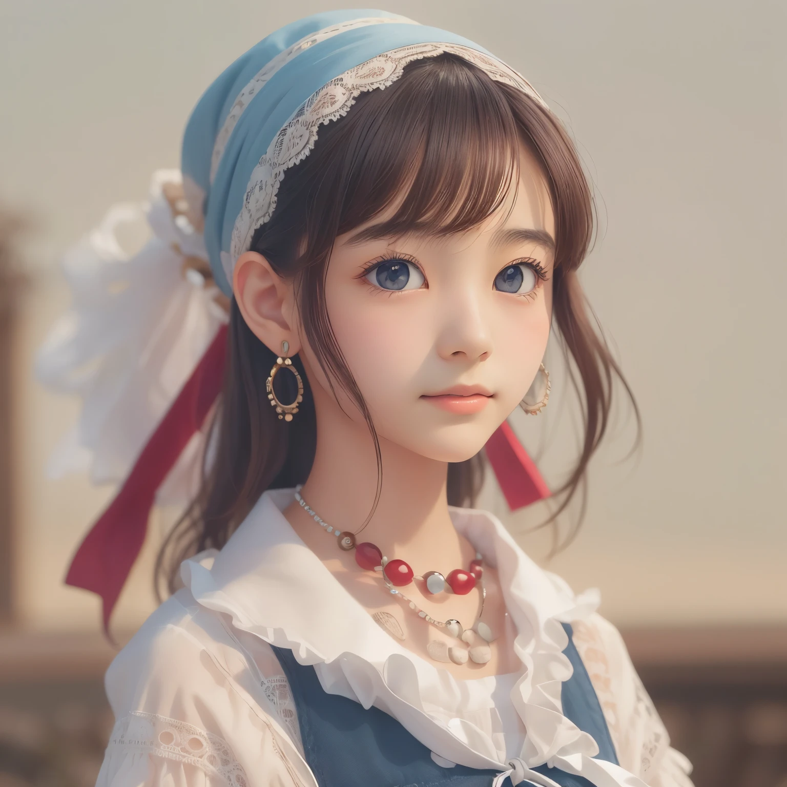 detailed face, cute face,brown eye, ((sfw: 1.4)), (sfw,She is wearing a long white embroidered skirt, a red blouse with lace, a white apron tied around her waist, blue socks, and brown leather shoes.A blue scarf is on her head. Yes, her accessories include necklaces, earrings, and bracelets. 1 Girl)), Ultra High Resolution, (Realistic: 1.4), RAW Photo, Best Quality, (Photorealistic Stick), Focus, Soft Light, ((15 years old)), ((Japanese)), (( (young face))), (surface), (depth of field), masterpiece, (realistic), woman, bangs, ((1 girl))