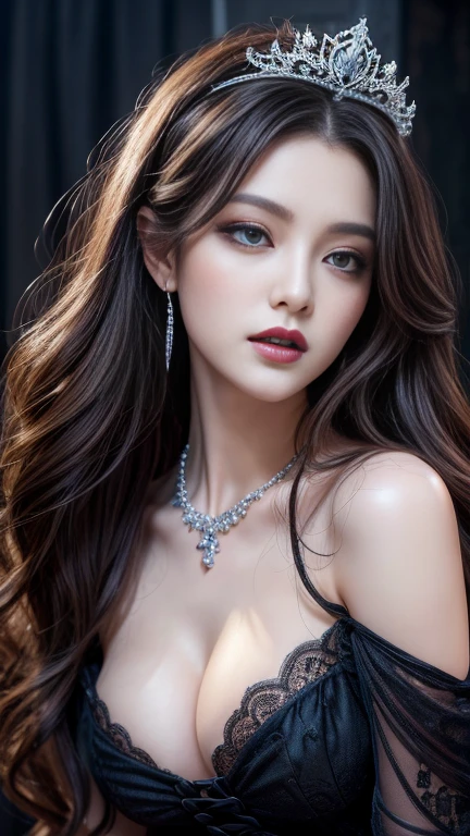 highest quality、masterpiece、8k、Award-winning works、Hyperrealism、Vampire Princess、恐ろしいVampire Princess、Natural forehead、spooky、White skin、Wicked Makeup、The most detailed and beautiful face、The relentless gaze、look at me、Long eyelashes、spookyなメイク、Black Lips、eye shadow、艶のあるBlack Lips、Top quality ultra HD skins、The most detailed eyes、(The most luxurious and highest quality giant tiara、The most luxurious and highest quality giant necklace、、The most luxurious and luxurious black princess dress)、Cleavage、Pitch black background 1.2、dark、Beautiful long wavy hair、Glossy hair、Intermediate photos、The light of God pours down、Lace fabric 1.5、透き通る様なLace fabric 1.5,