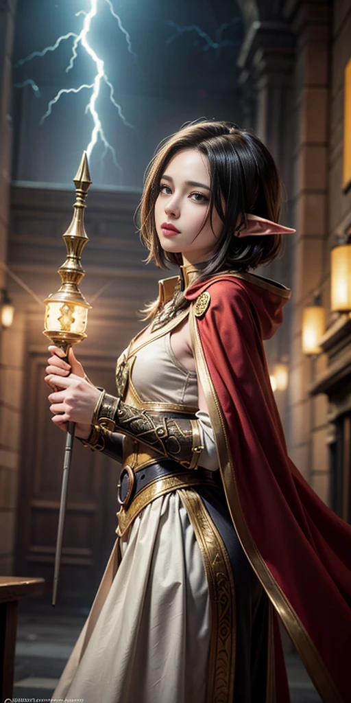 high details, best quality, 8k, [ultra detailed], masterpiece, best quality, (extremely detailed), dynamic angle, ultra wide shot, photorealistic, fantasy art, dnd art, rpg art, realistic art, an ultra wide picture of female elf cleric, holding a hammer, hammer in ligor with lightning sigils (1.5 intese details, Masterpiece, best quality), red cloak (1.5 intricate details, Masterpiece, best quality), holy htning, casting a spell, yellow magical lightning (1.5 intricate details, Masterpiece, best quality), wearing black armor, plate mail armor, elven armsymbol, blue light from symbol, black hair (1.5 intese details, Masterpiece, best quality), short hair, small pointed eard, intense eyes, green eyes, D&D female elf (1.5 intricate details, Masterpiece, best quality) fantasy temple background, lightning storm background, ((divine worship atmosphere)), high details, best quality, highres, ultra wide angle