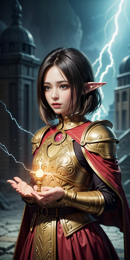 high details, best quality, 8k, [ultra detailed], masterpiece, best quality, (extremely detailed), dynamic angle, ultra wide shot, photorealistic, fantasy art, dnd art, rpg art, realistic art, an ultra wide picture of female elf cleric, holding a hammer, hammer in ligor with lightning sigils (1.5 intese details, Masterpiece, best quality), red cloak (1.5 intricate details, Masterpiece, best quality), holy htning, casting a spell, yellow magical lightning (1.5 intricate details, Masterpiece, best quality), wearing black armor, plate mail armor, elven armsymbol, blue light from symbol, black hair (1.5 intese details, Masterpiece, best quality), short hair, small pointed eard, intense eyes, green eyes, D&D female elf (1.5 intricate details, Masterpiece, best quality) fantasy temple background, lightning storm background, ((divine worship atmosphere)), high details, best quality, highres, ultra wide angle