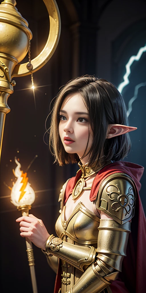 high details, best quality, 8k, [ultra detailed], masterpiece, best quality, (extremely detailed), dynamic angle, ultra wide shot, photorealistic, fantasy art, dnd art, rpg art, realistic art, an ultra wide picture of female elf cleric, holding a hammer, hammer in ligor with lightning sigils (1.5 intese details, Masterpiece, best quality), red cloak (1.5 intricate details, Masterpiece, best quality), holy htning, casting a spell, yellow magical lightning (1.5 intricate details, Masterpiece, best quality), wearing black armor, plate mail armor, elven armsymbol, blue light from symbol, black hair (1.5 intese details, Masterpiece, best quality), short hair, small pointed eard, intense eyes, green eyes, D&D female elf (1.5 intricate details, Masterpiece, best quality) fantasy temple background, lightning storm background, ((divine worship atmosphere)), high details, best quality, highres, ultra wide angle