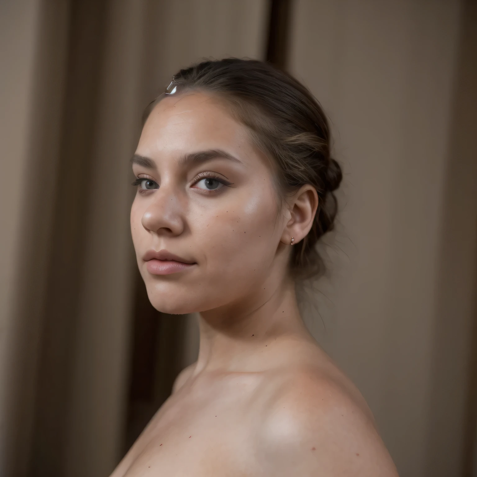 photo of a college student, in Desert Color Coarse Linen Pink,Desert Color Coarse Linen, (freckles:0.8) cute face, sci-fi, dystopian, detailed eyes, Heterochromia eyes（（Side view））（Lunar soil）((a beautiful fantasy empress))