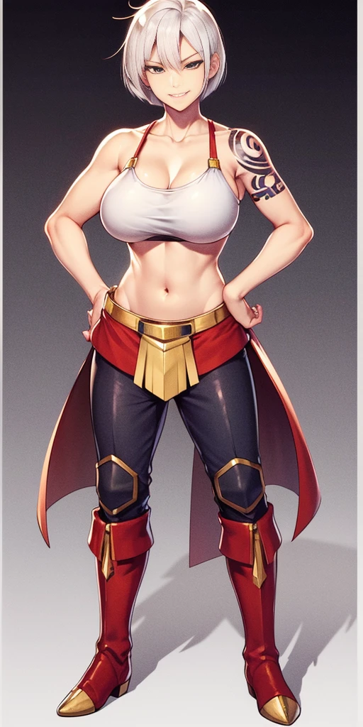 (plain background) woman full body toe to head, short bob hair, white hair, feet together, high boots, big breast big knockers, hands on hips, red tattoo on belly navel, lustful smirking smile face