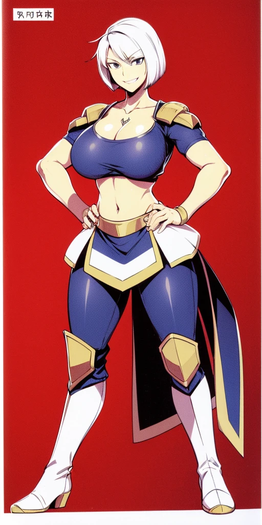 (plain background) woman full body toe to head, short bob hair, white hair, feet together, high boots, big breast big knockers, hands on hips, red tattoo on belly navel, lustful smirking smile face