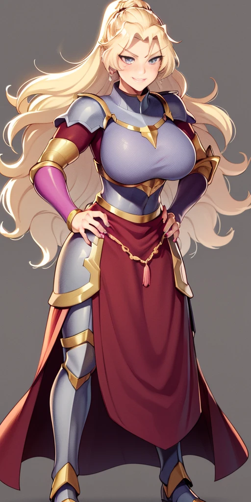 (plain background) (chest covered)(smile) gray skin, pale golden hair and violet eyes, huge knockers, full body standing symmetrical lustful smirking smile face red blush, pink painted nails, 1 girl full body standing straight symmetrical lustful smirking smile face red blushed, red cheeks, hands on hips