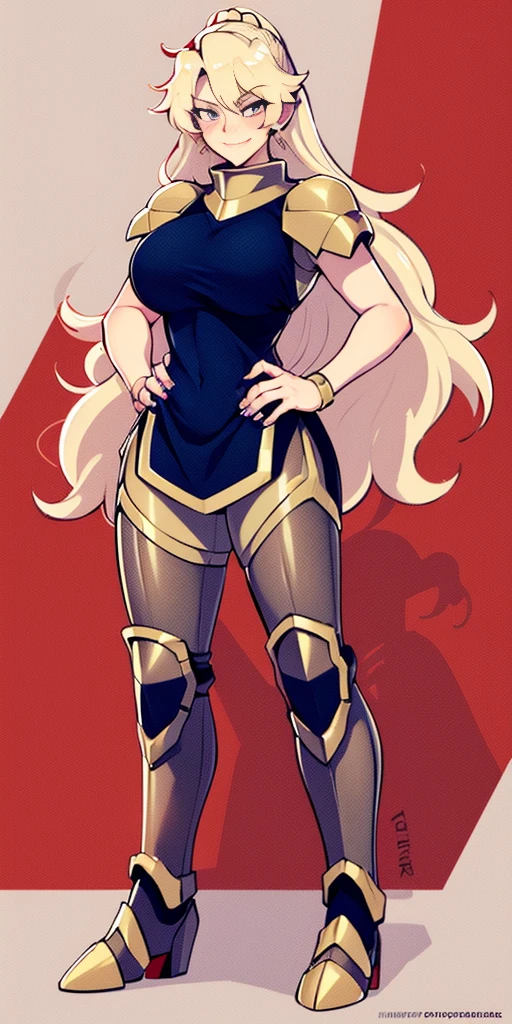 (plain background) (chest covered)(smile) gray skin, pale golden hair and violet eyes, huge knockers, full body standing symmetrical lustful smirking smile face red blush, pink painted nails, 1 girl full body standing straight symmetrical lustful smirking smile face red blushed, red cheeks, hands on hips