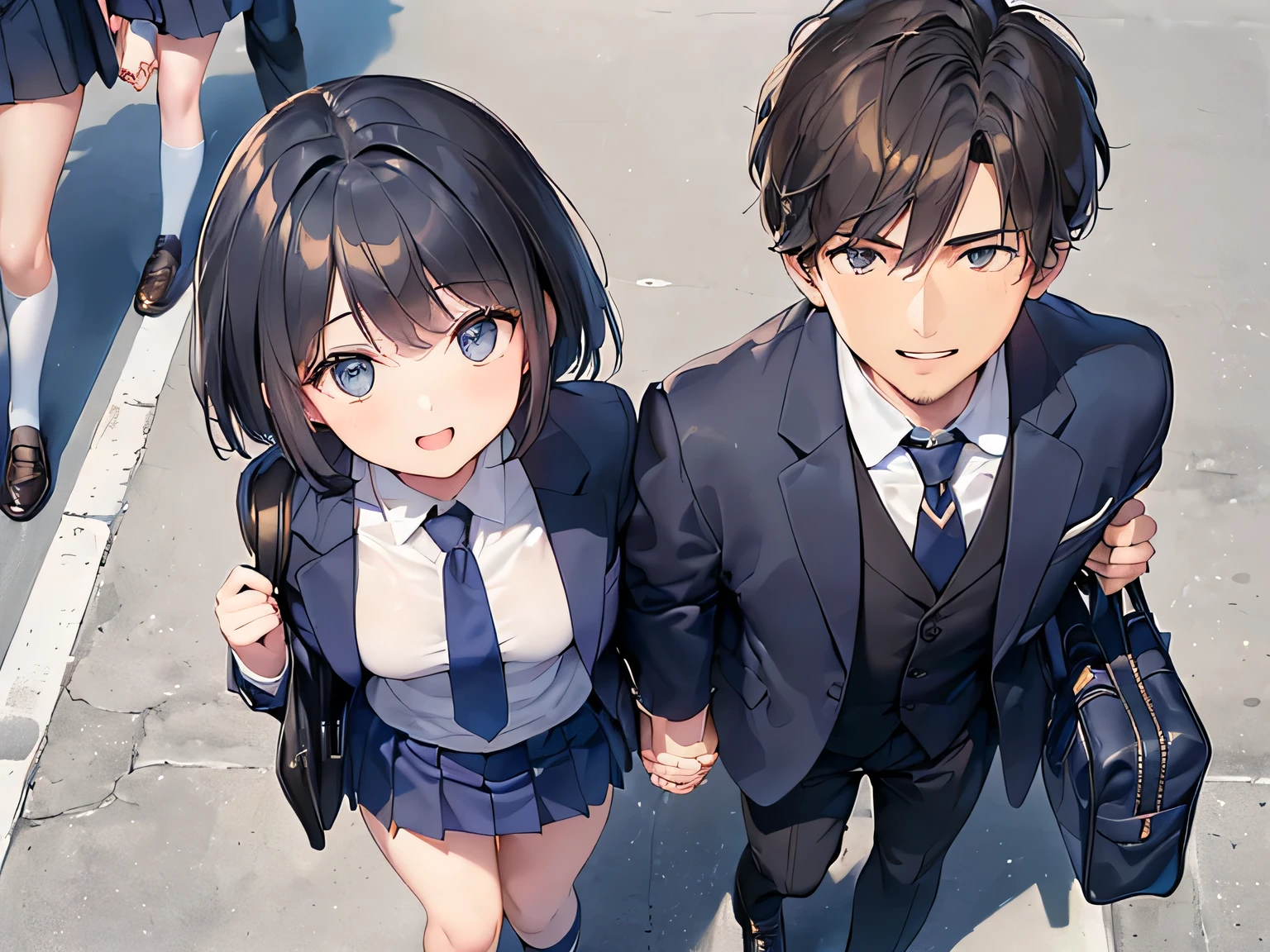 (Masterpiece, highest quality, high resolution, realistic photos, realistic looking skin:1.1),
(Please use a close-up composition picture from above the knees:1.8),
(Male and female couple walking hand in hand:1.5),
(happy smiling face:1.5),
(female is 18 years old, wearing a high blazer, mini skirt and navy blue high socks, with short black hair and carrying a school bag:1.5),
(The man is 35 years old, so he is a little older and is wearing a suit and tie:1.5),
(Location is downtown: 1.5),
Full-bodied esbian, beautiful eyes, glowing eyes, glowing thighs, NSFW