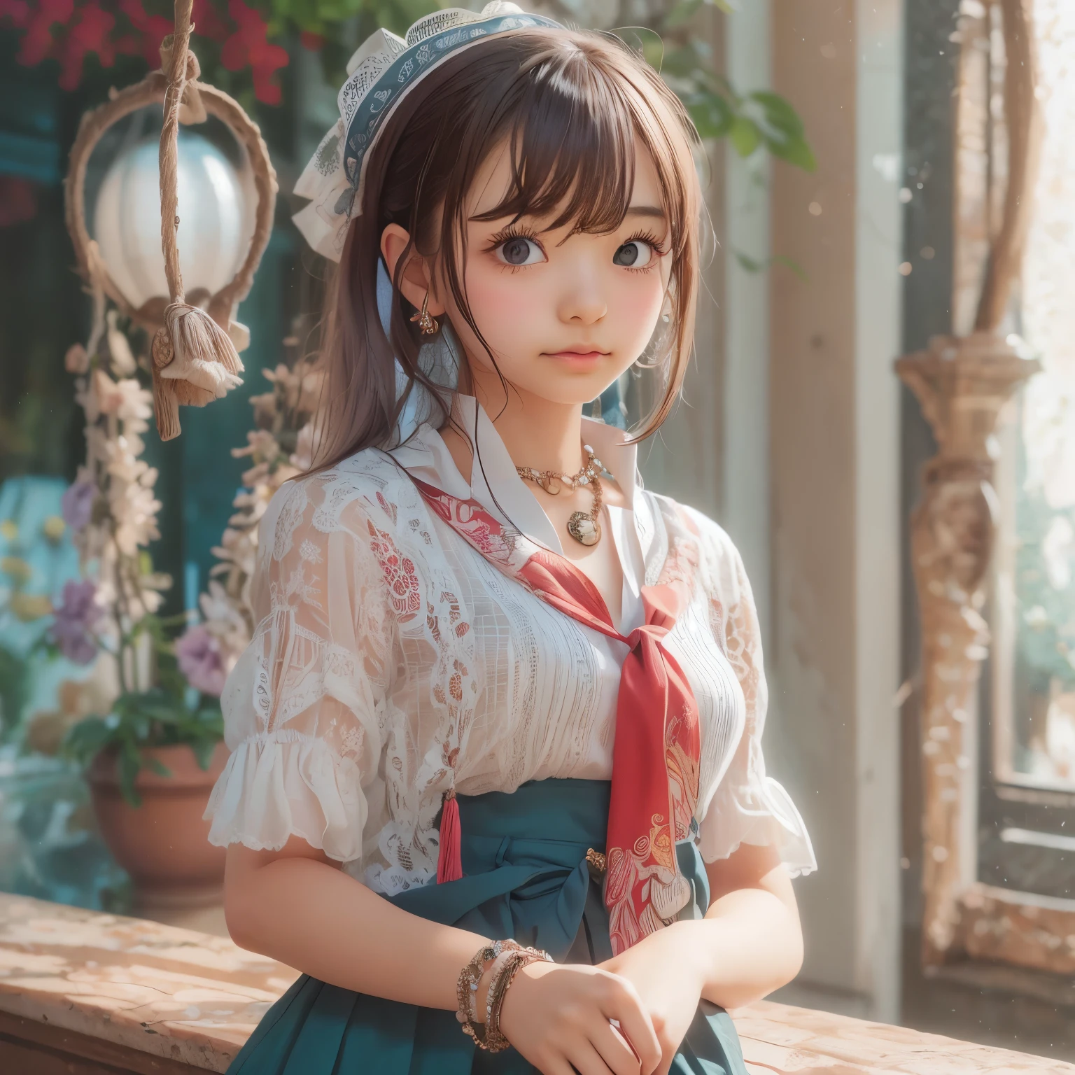 detailed face, cute face,brown eye, ((sfw: 1.4)), (sfw,She is wearing a long white embroidered skirt, a red blouse with lace, a white apron tied around her waist, blue socks, and brown leather shoes.A blue scarf is on her head. Yes, her accessories include necklaces, earrings, and bracelets. 1 Girl)), Ultra High Resolution, (Realistic: 1.4), RAW Photo, Best Quality, (Photorealistic Stick), Focus, Soft Light, ((15 years old)), ((Japanese)), (( (young face))), (surface), (depth of field), masterpiece, (realistic), woman, bangs, ((1 girl))