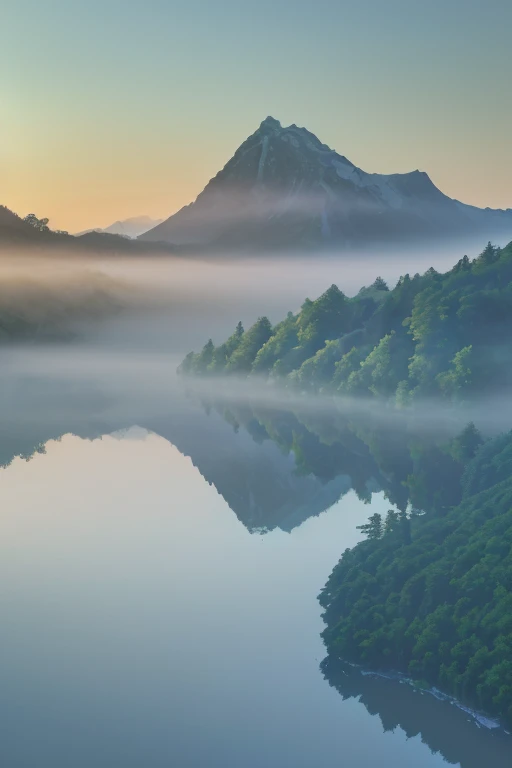 (best quality,4k,8k,highres,masterpiece:1.2),ultra-detailed,(realistic,photorealistic,photo-realistic:1.37), lakes and mountains, blue water, blue sky, green peaks like forest, sea of clouds, mist, sunrise, sunset, golden light, reflecting the endless beauty of nature, high-rise buildings and sculptures