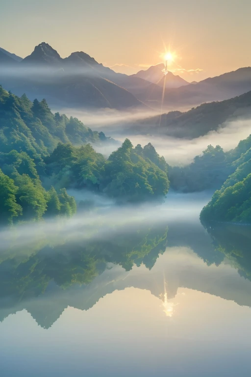 (best quality,4k,8k,highres,masterpiece:1.2),ultra-detailed,(realistic,photorealistic,photo-realistic:1.37), lakes and mountains, blue water, blue sky, green peaks like forest, sea of clouds, mist, sunrise, sunset, golden light, reflecting the endless beauty of nature, high-rise buildings and sculptures