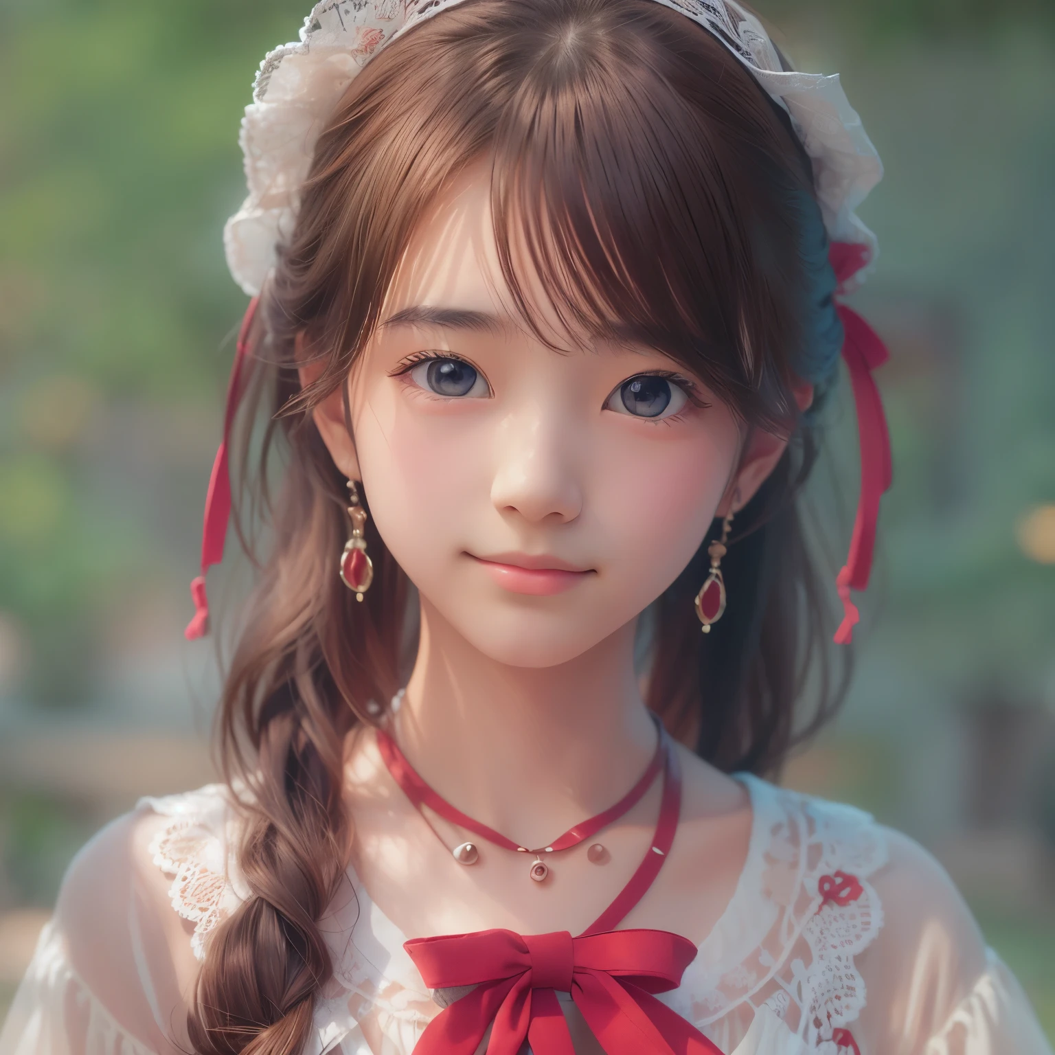 detailed face, cute face,brown eye, ((sfw: 1.4)), (sfw,She is wearing a long white embroidered skirt, a red blouse with lace, a white apron tied around her waist, blue socks, and brown leather shoes.A blue scarf is on her head. Yes, her accessories include necklaces, earrings, and bracelets. 1 Girl)), Ultra High Resolution, (Realistic: 1.4), RAW Photo, Best Quality, (Photorealistic Stick), Focus, Soft Light, ((15 years old)),  ((Japanese)), (( (young face))), (surface), (depth of field), masterpiece, (realistic), woman, bangs, ((1 girl))