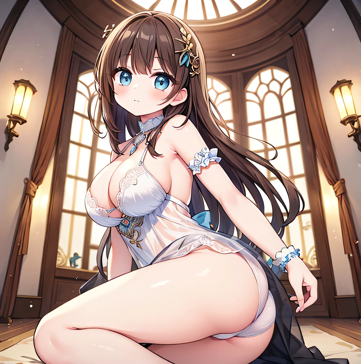 (masterpiece:1.4), (highest quality:1.4),Cute beautiful girl、Cute beautiful eyes、 (Perfect Face)、very cute、Show your ass、Sheer dress、Large areola、labia majora