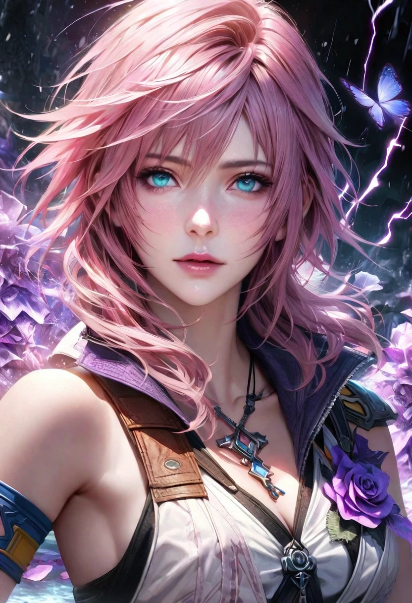 Ultra detailed, HDR, Highres, absurdres, master piece, Claire Farron, wavy pink short hair, expressive pale aqua eyes, Final Fantasy XIII, purple glittering butterflies, purple ice, petals, purple ice roses, woman, solo, extremely detailed face and eyes, extremely beautiful, glittering, water, Lightning Farron, realistic face, white clothes