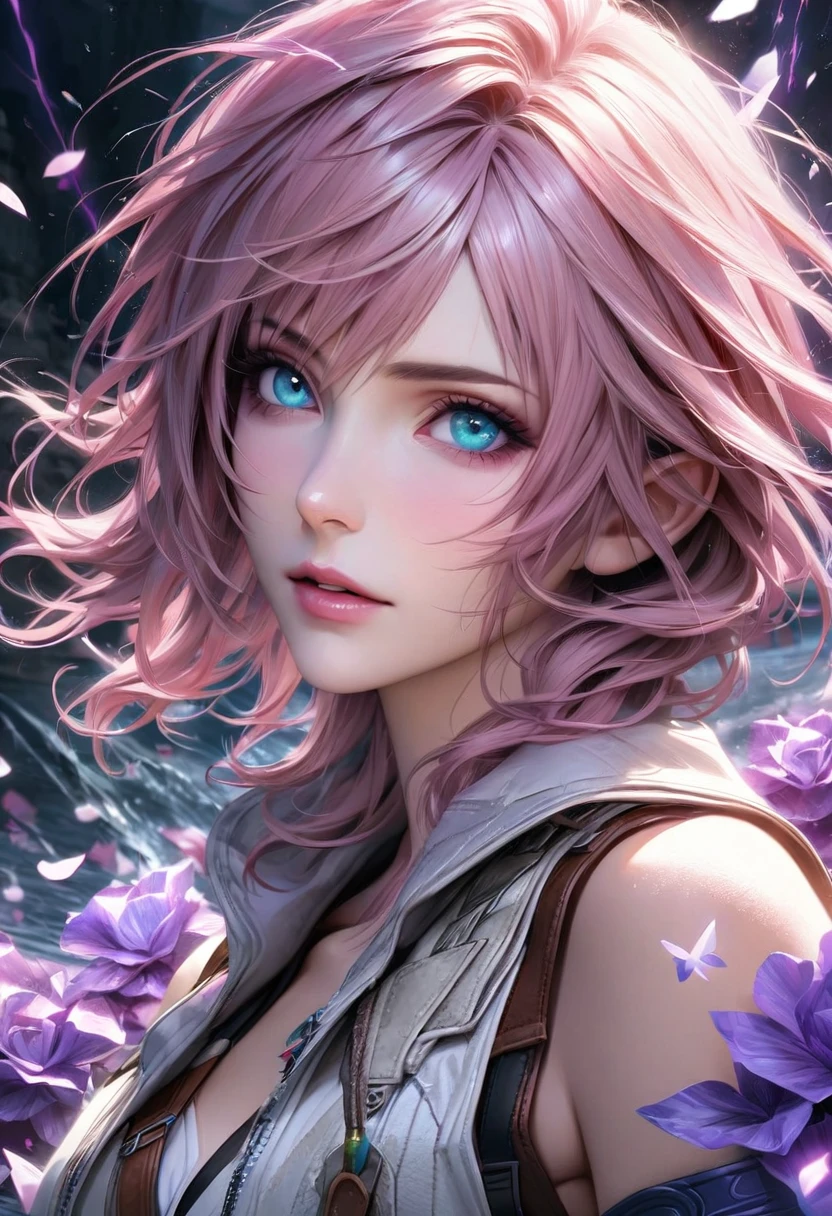 Ultra detailed, HDR, Highres, absurdres, master piece, Claire Farron, wavy pink short hair, expressive pale aqua eyes, Final Fantasy XIII, purple glittering butterflies, purple ice, petals, purple ice roses, woman, solo, extremely detailed face and eyes, extremely beautiful, glittering, water, Lightning Farron, realistic face, white clothes