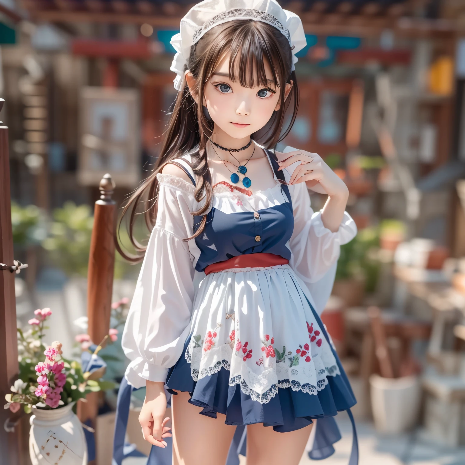 detailed face, cute face,brown eye, ((sfw: 1.4)), (sfw,She is wearing a long white embroidered skirt, a red blouse with lace, a white apron tied around her waist, blue socks, and brown leather shoes.A blue scarf is on her head. Yes, her accessories include necklaces, earrings, and bracelets. 1 Girl)), Ultra High Resolution, (Realistic: 1.4), RAW Photo, Best Quality, (Photorealistic Stick), Focus, Soft Light, (()), ((Japanese)), (( (young face))), (surface), (depth of field), masterpiece, (realistic), woman, bangs, ((1 girl))
