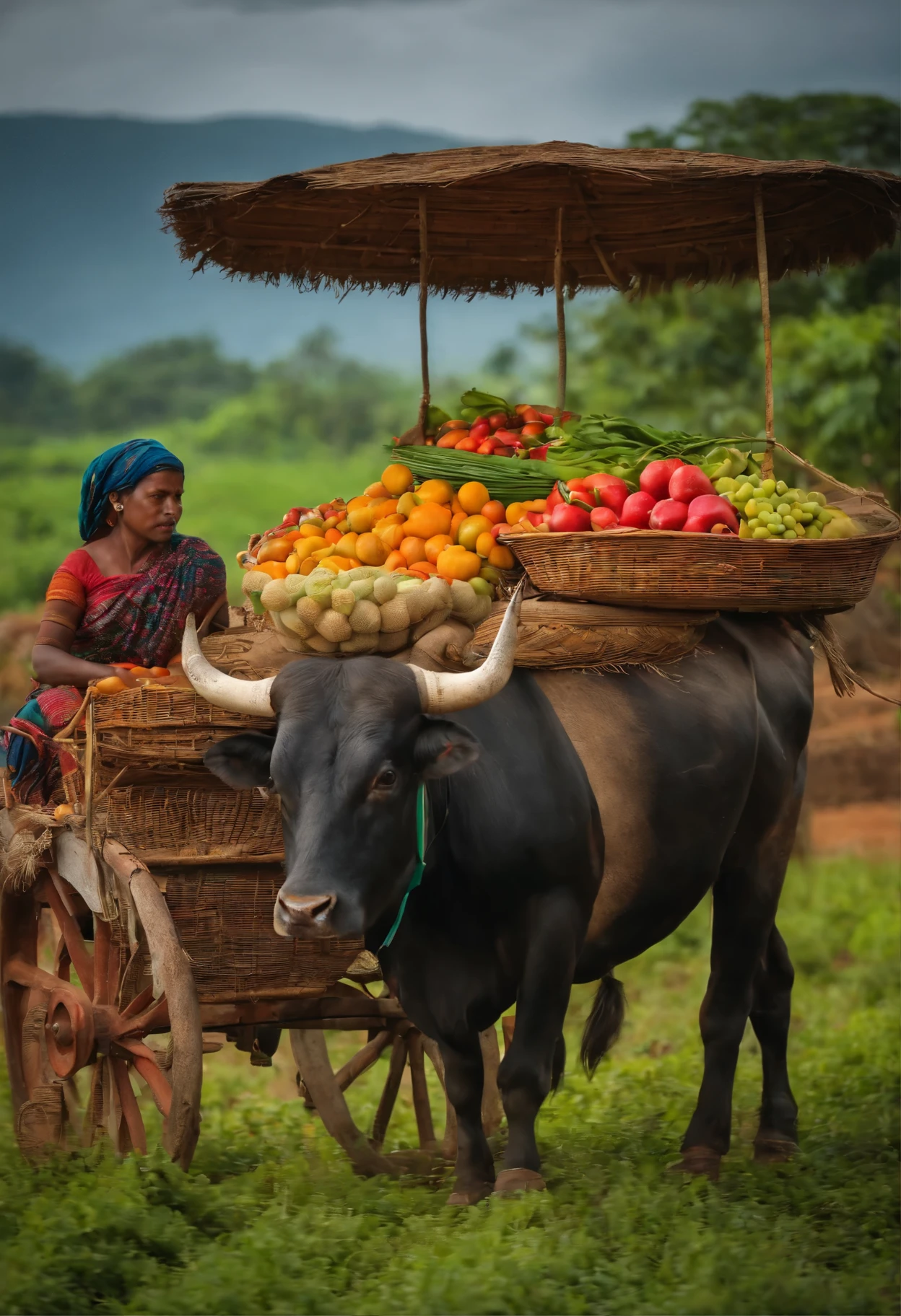 A lady on bull cart, going market for selling their farm produce