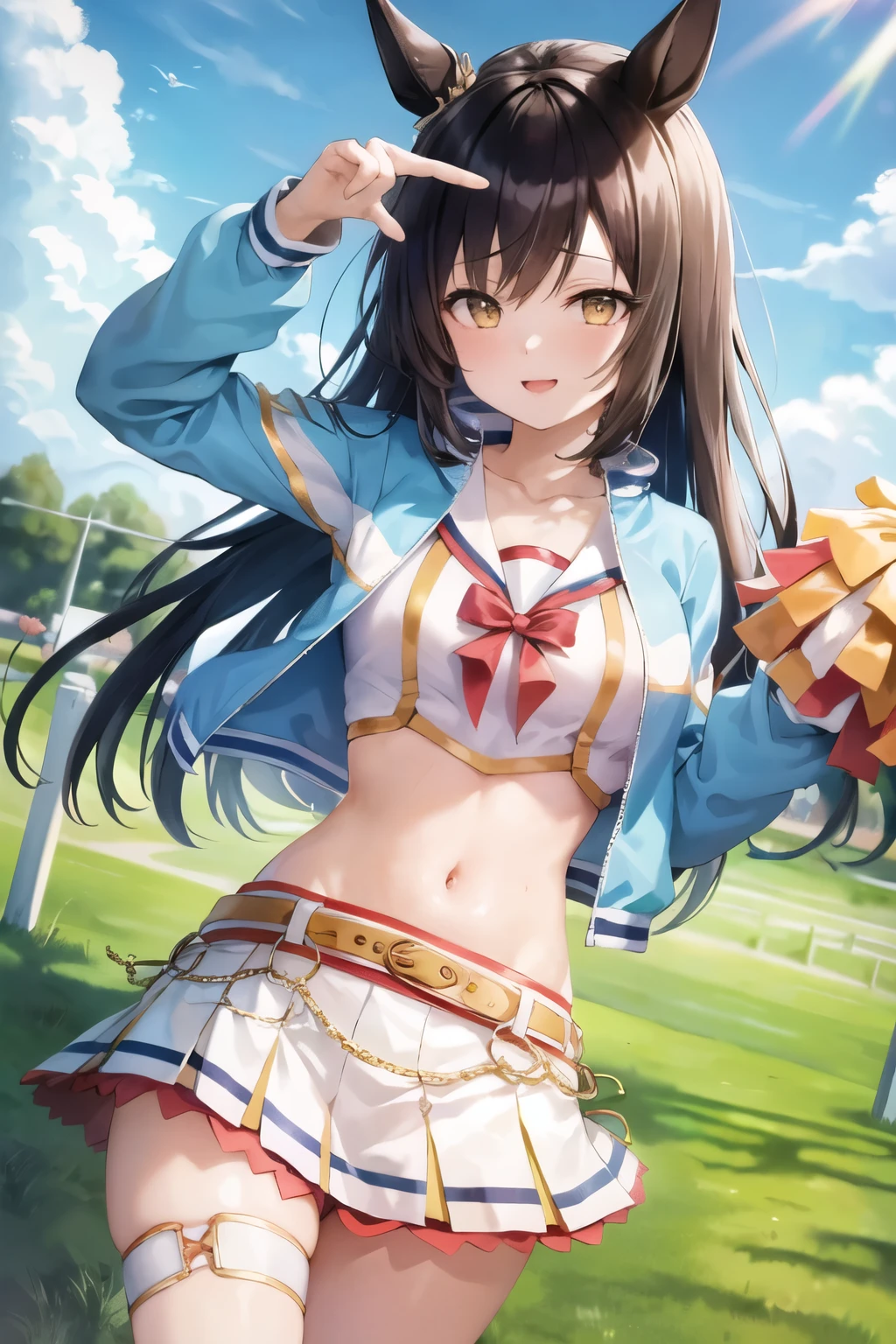 highest quality,masterpiece, High resolution,original, Beautiful fine details,Very detailed, Eishin Flash \(umamusume\), One girl, (Run&win), abdomen, Cheerleader, belt, Crop top, White Skirt, Pleated skirt, White shirt, mini skirt, Sailor collar, Orange shorts, Shorts under the skirt, yellow belt, blue Jacket, Jacket, Long sleeve, smile, belly button,  View your viewers, Open your mouth, Sweat, blush, null, cloud, chest, clavicle, Outdoor, blue null
