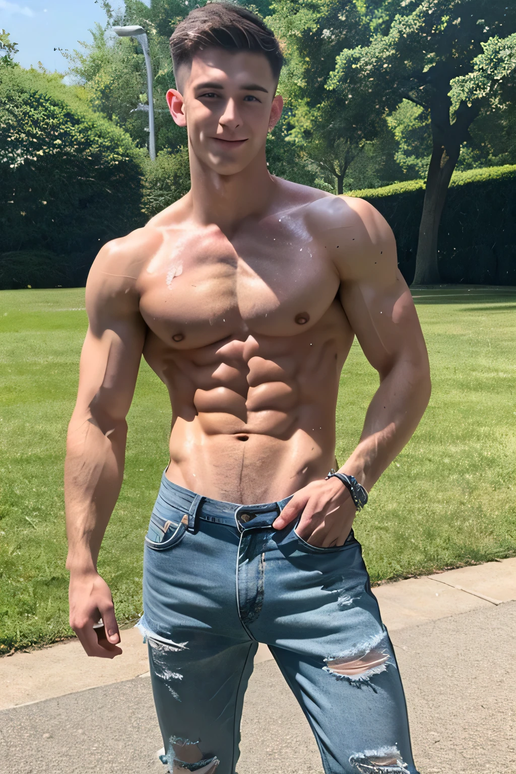 a shirtless 21-year old handsome caucasian male in messy haircut, sagging jeans, camouflage boots, cute, handsome face, six-pack abs, beautiful body, well-defined body, sweating profusely, dripping with sweat, drenched with sweat, shirtless, in the park