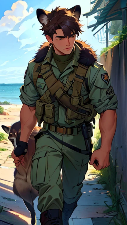 Young soldier, handsome, strong, musculoskeletal playing with a sea lion body chimera puppy, seal tail, cheetah fur, raccoon shiners and fox ears