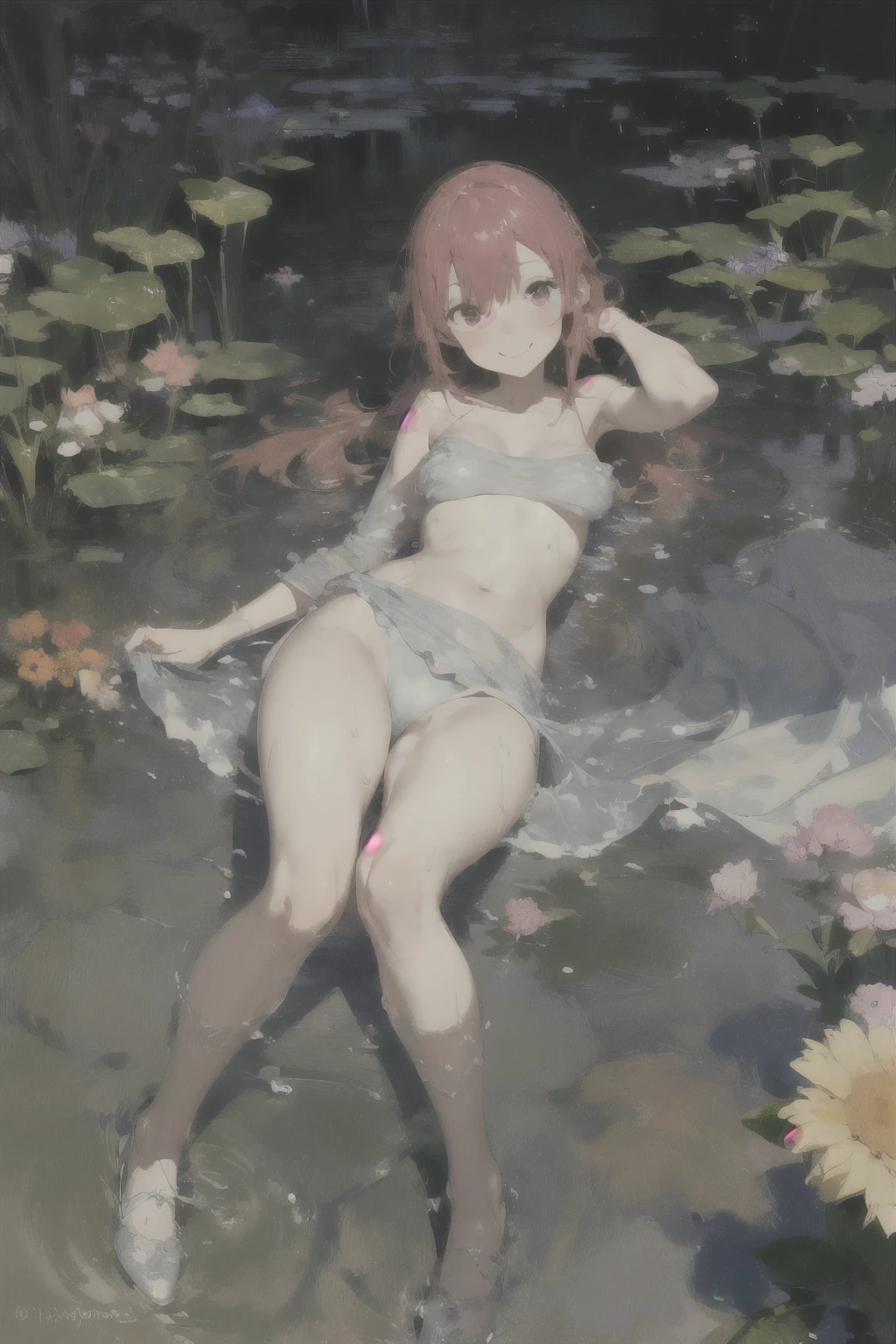 absurd , high resolution, Super detailed, (8--old l:1.3), Big Breasts，Happy, rest, Sundress, Ink Cap, Mary Jane Shoes, rest, Rich gradients, Extreme colors, Extreme details, Clear light perception, rest, (many, Impressionism, painting), Anime Characters, rest, Open your legs,Fluid between thighs、flowing liquid，Exposure、Disheveled、Clothing that fits snugly,Chest contour、(((Wet clothing))),Tube Top，(((Ultra-thin clothing))),(Body model),((Flesh outline)),Grinning, blush,Hyperactive expression,