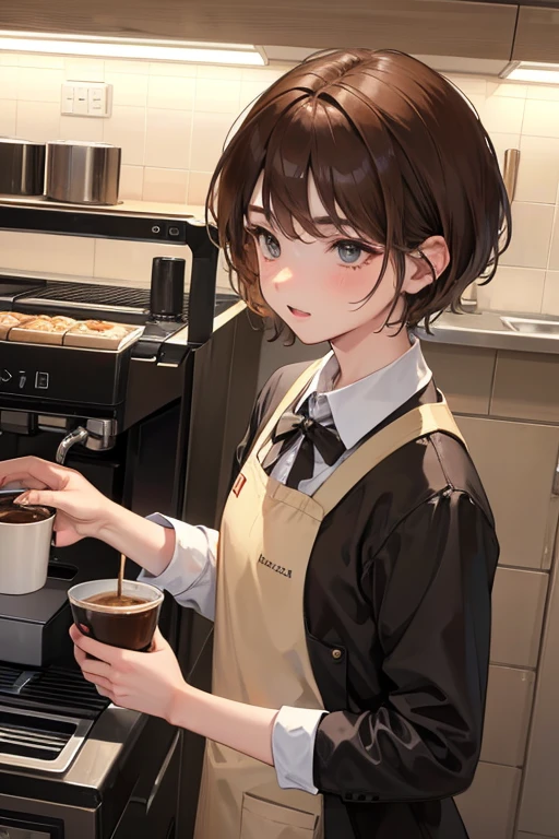 1boy,solo,brown hair and short hair,shy,shirt,uniform,in cafeteria, clerk, coffee machine,make a coffee, provide a coffee