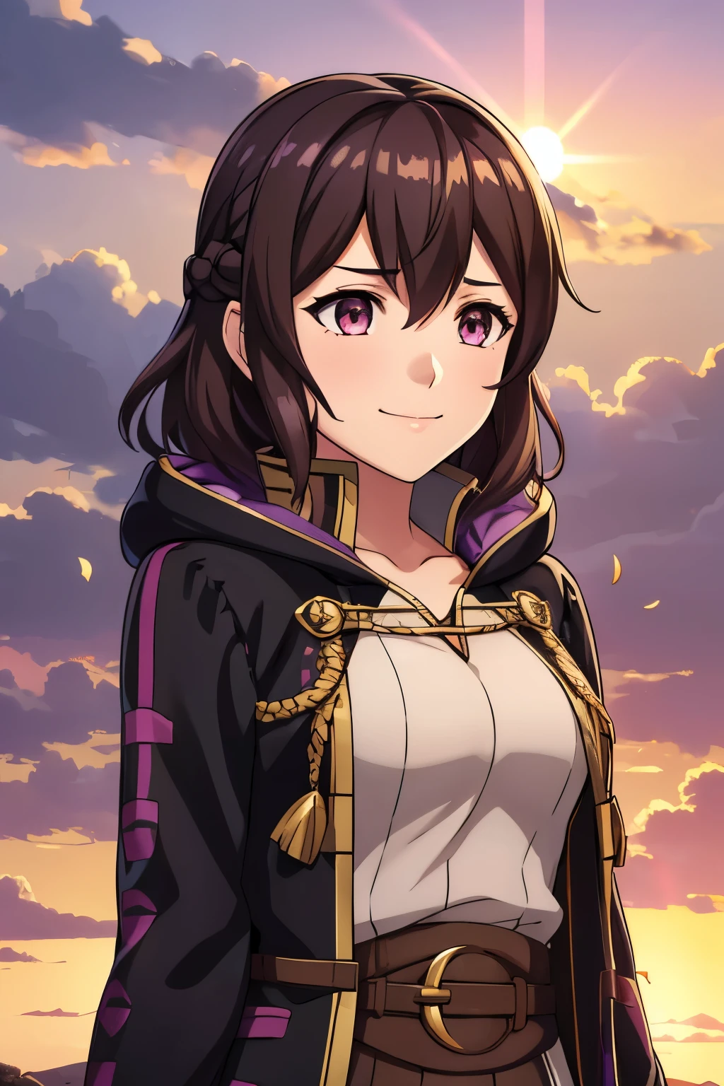 (high-quality, breathtaking),(expressive eyes, perfect face) 1girl, female, solo, portrait, Fire Emblem Awakening, Symmetrical Eyes, open field background, Robin (Fire Emblem: Awakening), dark Brown hair color, short hair length, messy wavy hair, hair ornament, upper body, pink eyes, Black and purple robe, gold trim, hood, white shirt, brown belt, tomb, positive expression, cute smile, detailed eyes, adorable face, short height, Cult of Grima, Fell Dragon Grima, Arms down, female robin (fire emblem), dark brown hair, flower petals, braided bang, ribbon in hair, soft breeze, sunrise skies
