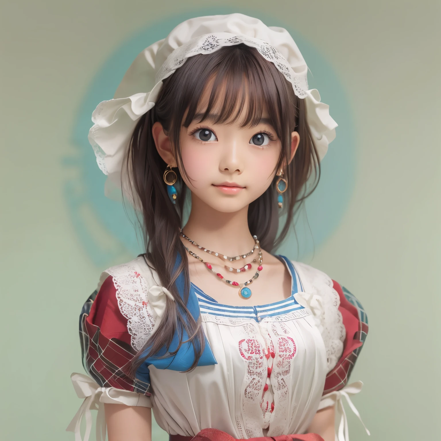 detailed face, cute face,brown eye, ((sfw: 1.4)), (sfw,She is wearing a long white embroidered skirt, a red blouse with lace, a white apron tied around her waist, blue socks, and brown leather shoes.A blue scarf is on her head. Yes, her accessories include necklaces, earrings, and bracelets. 1 Girl)), Ultra High Resolution, (Realistic: 1.4), RAW Photo, Best Quality, (Photorealistic Stick), Focus, Soft Light, (()), ((Japanese)), (( (young face))), (surface), (depth of field), masterpiece, (realistic), woman, bangs, ((1 girl))