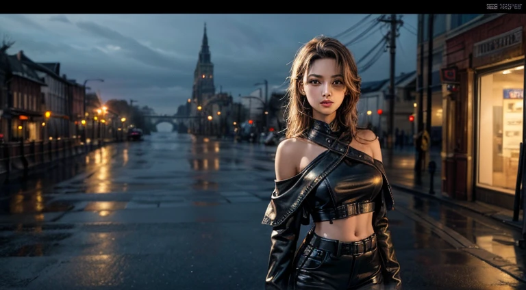 Original photo, (highest quality:1.3), High resolution, (masterpiece), (real:1.4), Professional photography, Sharp focus, High Dynamic Range, 8k resolution, Intricate details, Exquisite detail, Depth of written boundary, Highly detailed CG synthesis 8k wallpaper, masterpiece,Poster,highest quality,Official Art,(Beauty and aesthetics:1.2),(masterpiece:1.3),City of the Future,girl,leather jacket,Off the shoulder,No underwear,looking at the camera,(Mid-range lens:1.8),Volumetric Fog,rain,night,dramatic