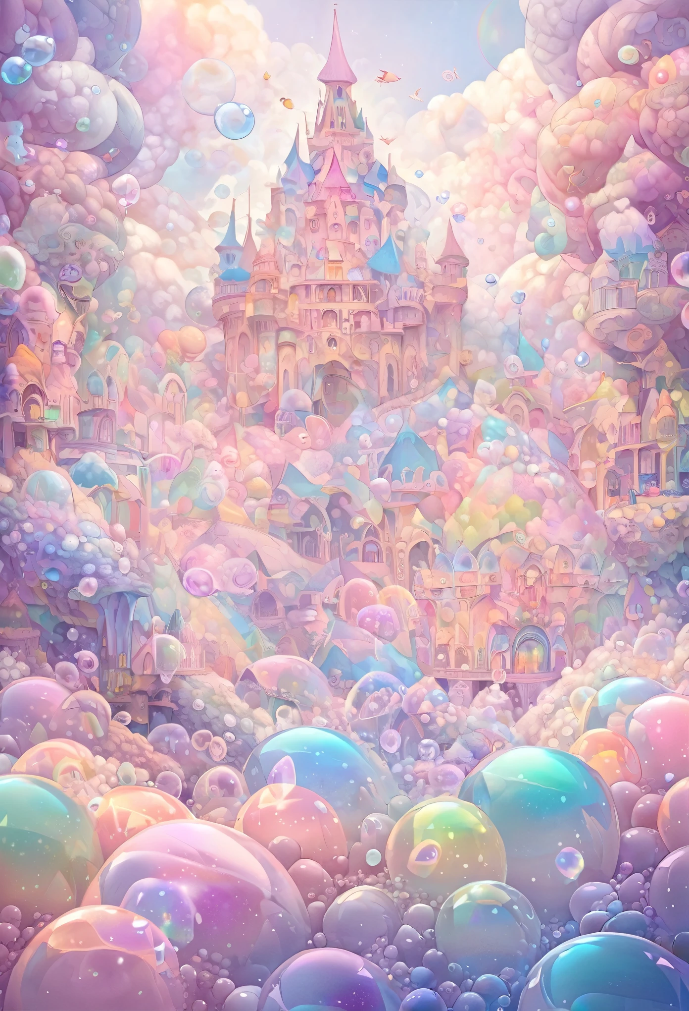 best quality, super fine, 16k, incredibly absurdres, extremely detailed, delicate and dynamic, dream world, mysterious castle filled with pastel-colored, fluffy, iridescent soap bubbles that look like sweets.
