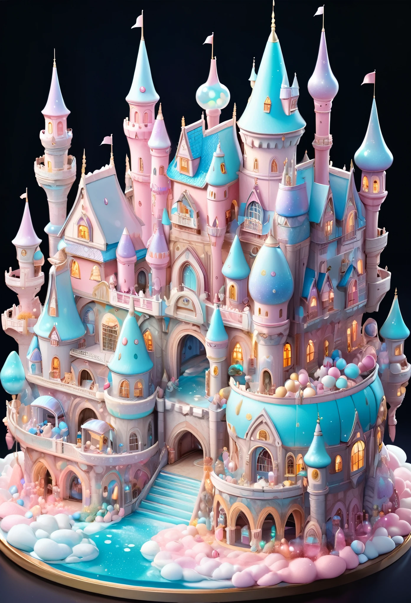 best quality, super fine, 16k, incredibly absurdres, extremely detailed, delicate and dynamic, dream world, mysterious castle filled with pastel-colored, fluffy, iridescent soap bubbles that look like sweets.