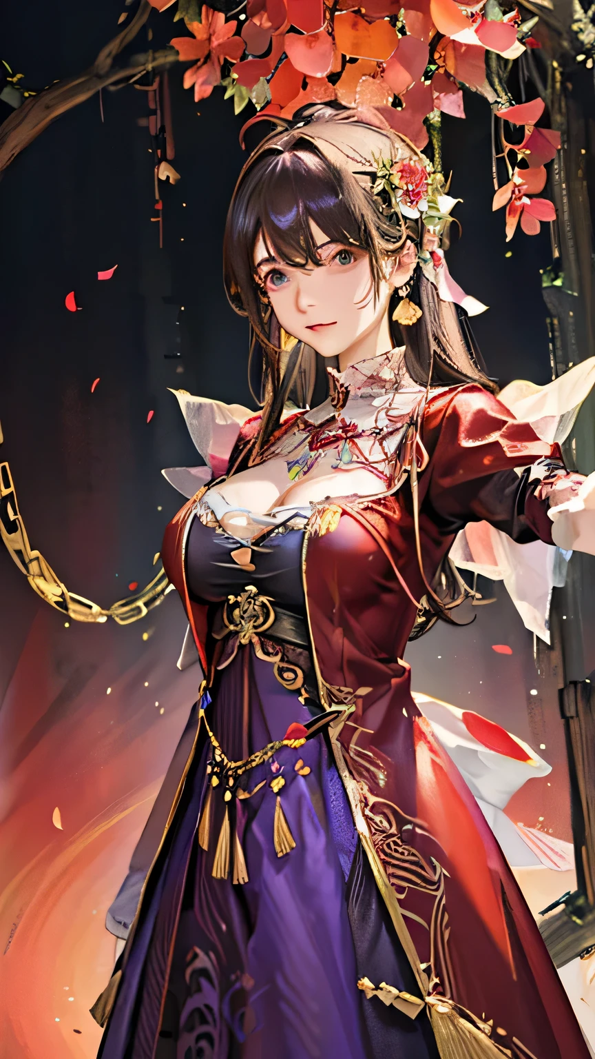 (highest quality, High resolution), Glowing Eyes, Delicate facial features, Vibrant colors, Dreamy atmosphere, Fantasy Theme, Floral Background, Graceful Movement, Detailed clothing, loose fitting dress, Elegant fashion, Magic lighting, Mysterious Aura, Heavenly Beauty, Magic thread, Whimsical elements,Big Breasts、Red attire、Colorful costumes、lingerie、Purple outfit