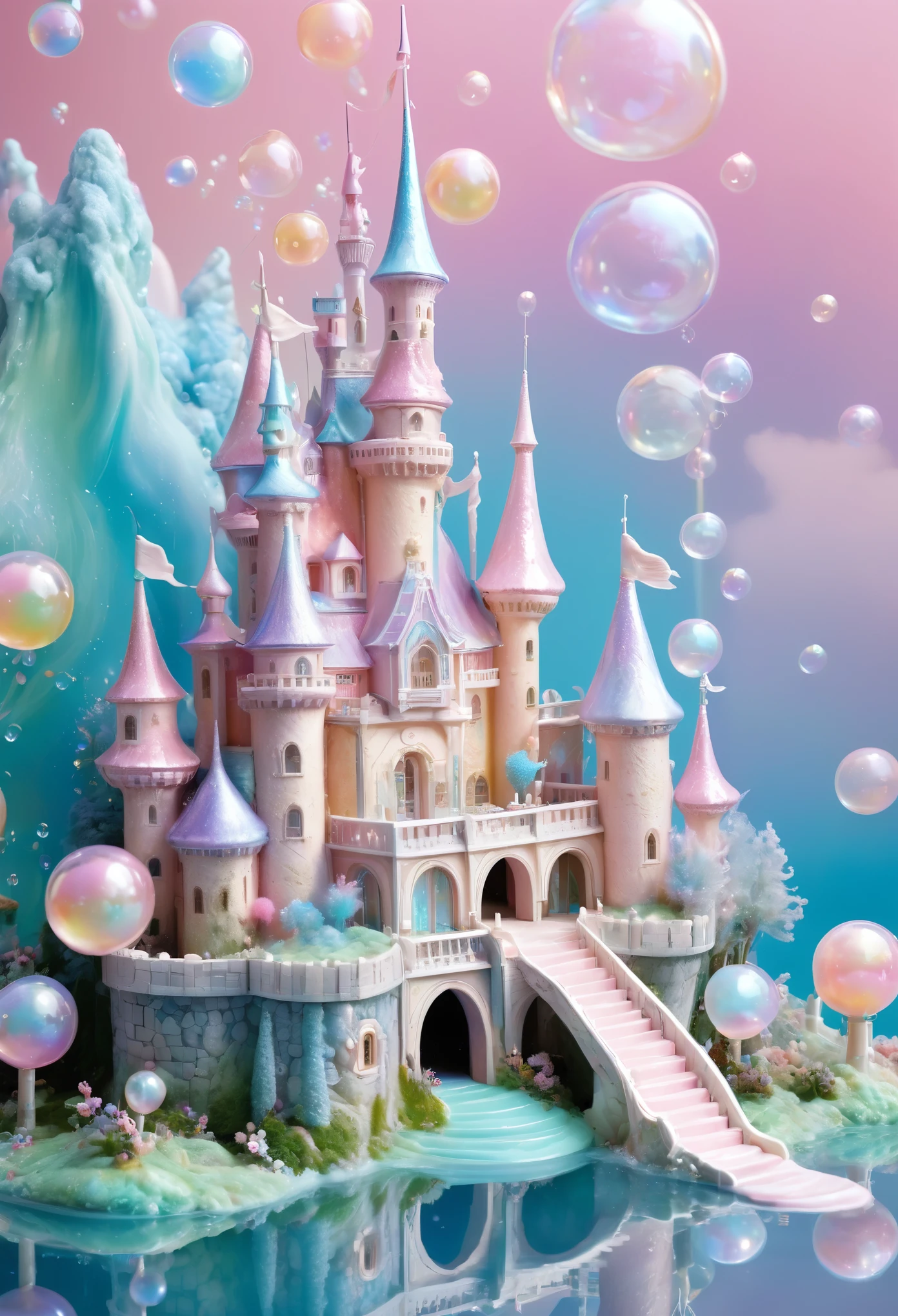 best quality, super fine, 16k, incredibly absurdres, extremely detailed, delicate and dynamic, dream world, mysterious castle filled with pastel-colored, fluffy, iridescent soap bubbles that look like sweets.