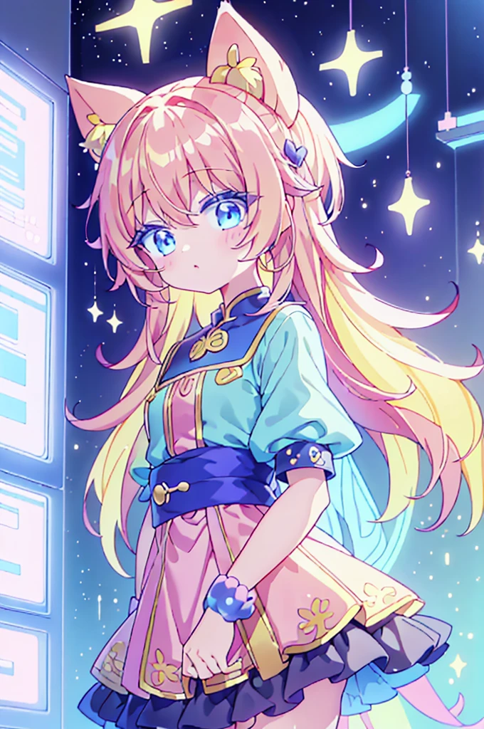 "Kawaii, 可爱of, 可愛of粉紅色女孩, of, 和淡蓝色of配色方案. 她穿著帶有雲彩和天空圖案of天空主題服裝. 她of衣服蓬松柔软, Comes with hair clips and other decorative accessories. There are many stickers on the wall.