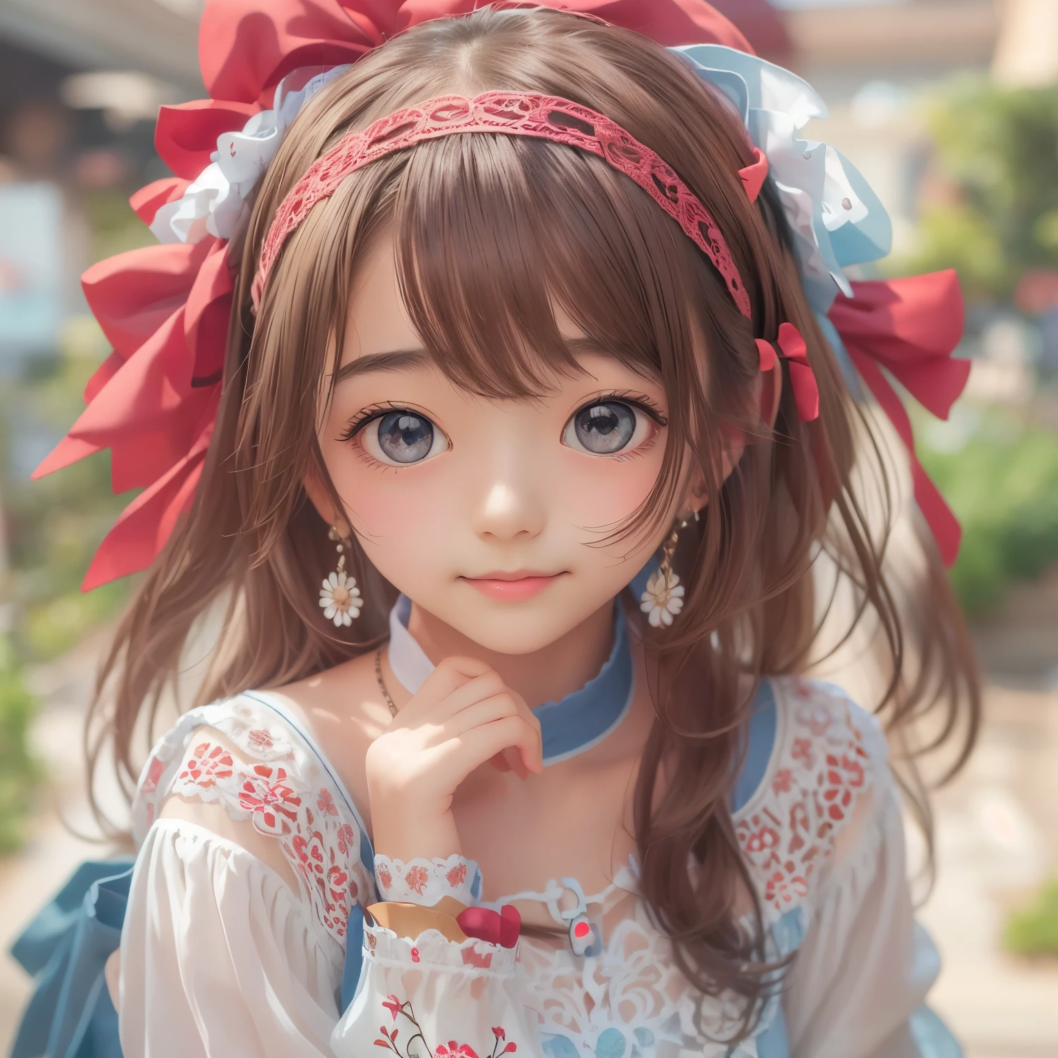 detailed face, cute face,brown eye, ((sfw: 1.4)), (sfw,She is wearing a long white embroidered skirt, a red blouse with lace, a white apron tied around her waist, blue socks, and brown leather shoes.A blue scarf is on her head. Yes, her accessories include necklaces, earrings, and bracelets. 1 Girl)), Ultra High Resolution, (Realistic: 1.4), RAW Photo, Best Quality, (Photorealistic Stick), Focus, Soft Light, (()), ((Japanese)), (( (young face))), (surface), (depth of field), masterpiece, (realistic), woman, bangs, ((1 girl))