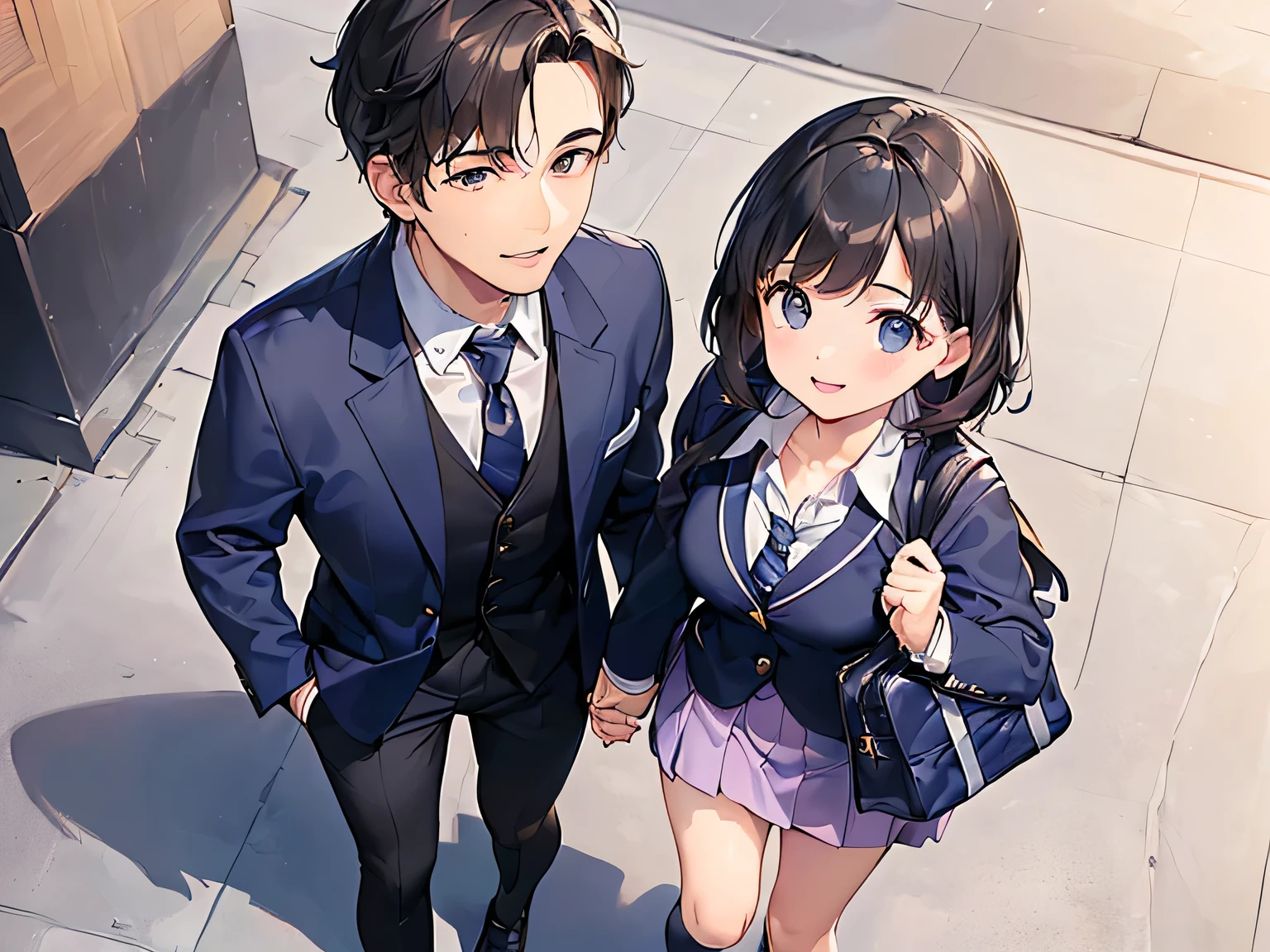 (Masterpiece, highest quality, high resolution, realistic photos, realistic looking skin:1.1),
(Please use a close-up composition picture from above the knees:1.8),
(Male and female couple walking hand in hand:1.5), 
(happy smiling face:1.5), 
(female is 18 years old, wearing a high  blazer, mini skirt and navy blue high socks, with short black hair and carrying a school bag:1.5),
(The man is 35 years old, so he is a little older and is wearing a suit and tie:1.5),
(Location is downtown: 1.5),
Full-bodied esbian, beautiful eyes, glowing eyes, glowing thighs, NSFW