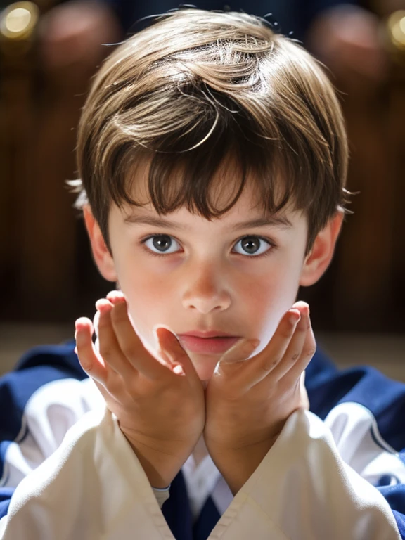 A 10-year-old boy with light brown hair, white skin, blue eyes, fine European features, a sad melancholic look., inside a Roman Catholic temple praying the rosary with their little hands together with five fingers on each hand