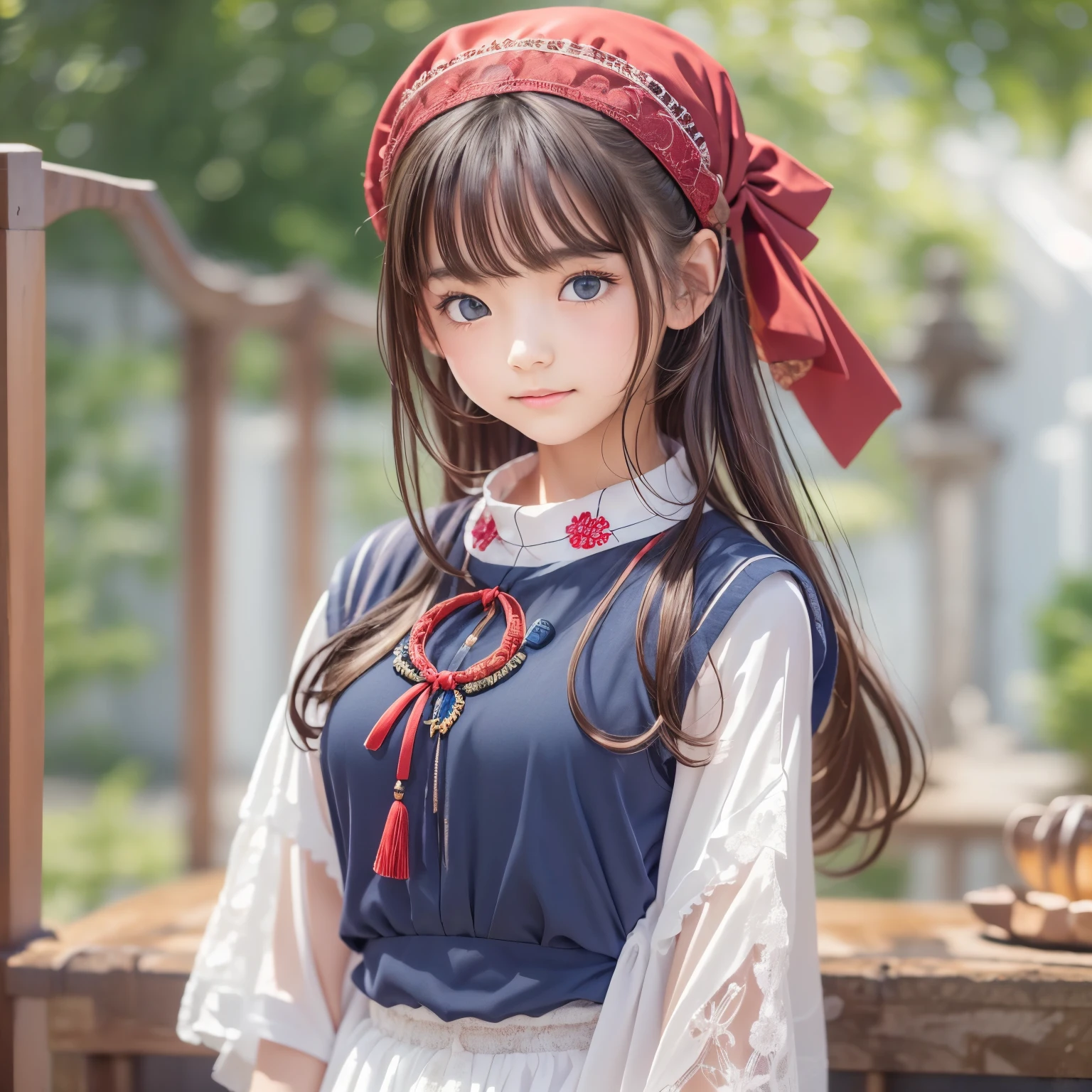 detailed face, cute face,brown eye, ((sfw: 1.4)), (sfw,She is wearing a long white embroidered skirt, a red blouse with lace, a white apron tied around her waist, blue socks, and brown leather shoes.A blue scarf is on her head. Yes, her accessories include necklaces, earrings, and bracelets. 1 Girl)), Ultra High Resolution, (Realistic: 1.4), RAW Photo, Best Quality, (Photorealistic Stick), Focus, Soft Light, ((15 years old)), ((Japanese)), (( (young face))), (surface), (depth of field), masterpiece, (realistic), woman, bangs, ((1 girl))