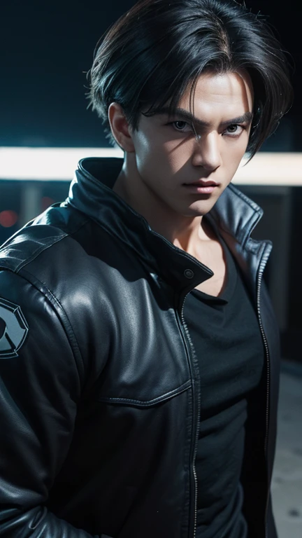 masterpiece, Ultra realistic, 16k, high quality, incredibly detailed, dream aesthetic, nightmare atmosphere, cinematic, work of art, (sharp focus: 1.5), (photorealistic: 1.3), featured (Beautiful boy), Mirai Trunks (furure trunks from dragon ball z), cinematic, detailed, 4k sharp focus, realistic. Gorgeous. tanned skin, Turquoise blue eyes, short lilac hair (hair divided in half), dark blue jacket, black t-shirt (under the jacket), gray pants, sword on the back. looking at viewer. Strong boy, badass, threatening. illuminated, realistic shading (realistic texture). In Different positions at different angles. Night background. unbelievably real, best quality, Photorealistic.