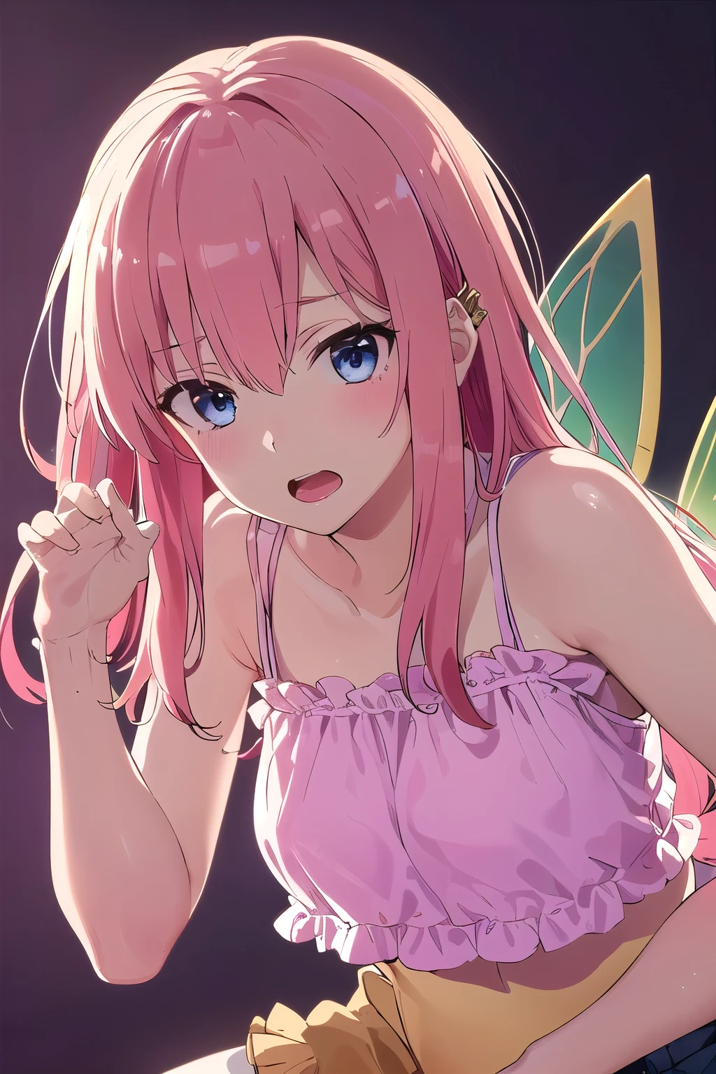 prompt: (8K, top-quality, masterpiece:1,2), (reallistic, Photorealsitic:1.37), Super Detail, One girl,), (Highly detailed), (beautifully detailed eyes), (of the highest quality), (super detailed ), (masterpiece), (Detailed face),20yr old, ,1 girl, ((pink hair,long hair)), medium breasts, clothed, Perfect Lighting, BREAK, (cute pokemon trainer:1.2), (sexy and cute:1.2), (pastel colors:1.2), (lavender:1.3), (sleeve frills:1.3), (silk camisole:1.4), (crop top:1.4), (ribbon embroidery:1.3), (high-waisted shorts:1.4), (leggy:1.4), (fantasy accessories:1.2), (fairy charms:1.2), (leaf embroidery:1.2), (knee-high socks:1.4), (pastel sneakers:1.5), (wing charms:1.3), (hair pins:1.3), BRAKE, (upper body to knees:1.3), (sexy expression:1.4), (ecstatic:1.4), (downcast eyes:1.3), (open mouth:1.3), (face forward:1.3), (tilt head:1.3), (sensual pose:1.4), (touching hair:1.3), (body twist:1.3), (fantasy background:1.4), (soft lighting:1.4), (highlight on hair:1.3), (highlight on skin:1.3)