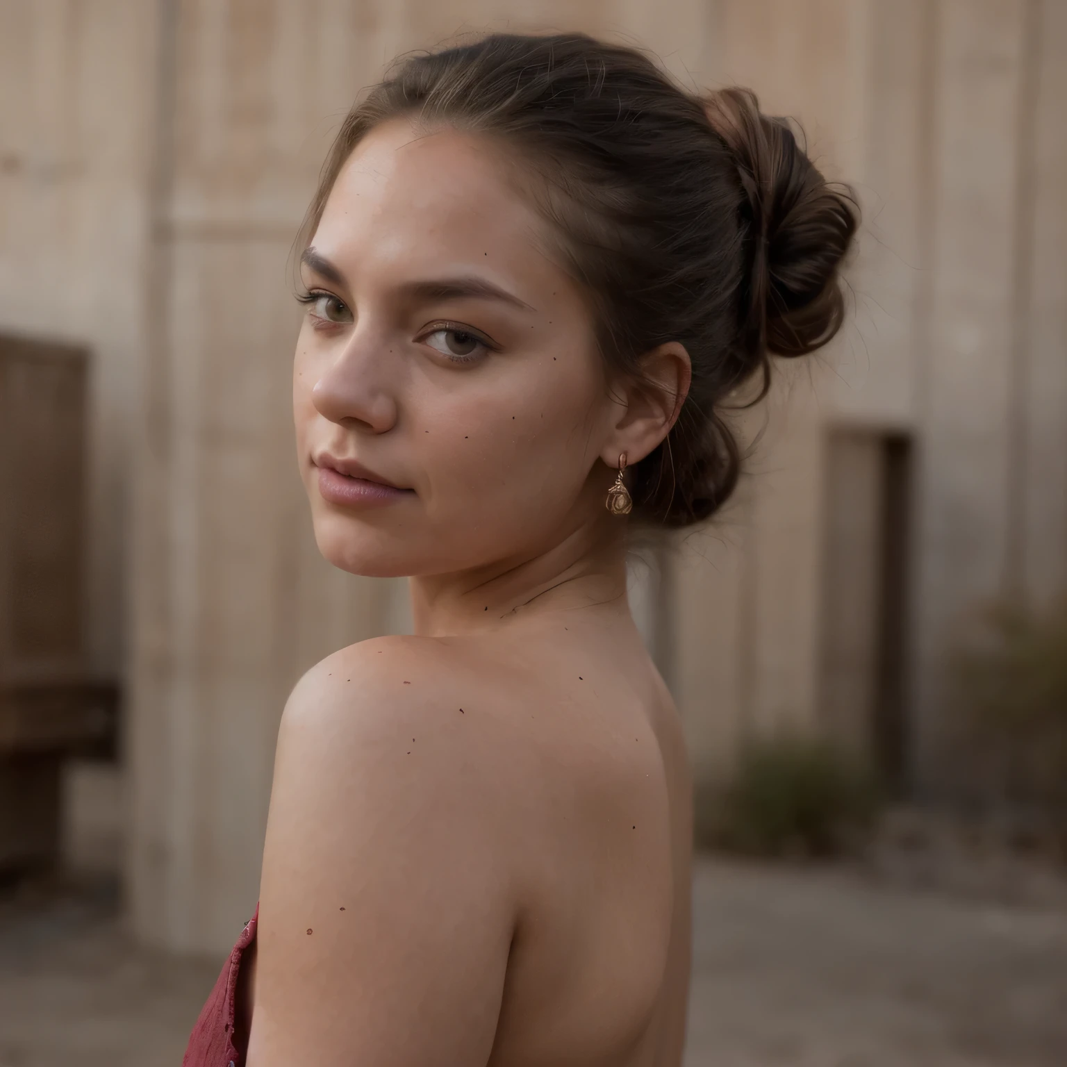 photo of a college student, in Desert Color Coarse Linen Pink,Desert Color Coarse Linen, (freckles:0.8) cute face, sci-fi, dystopian, detailed eyes, Heterochromia eyes((Side view))(Wine red gradient)((a beautiful fantasy empress))