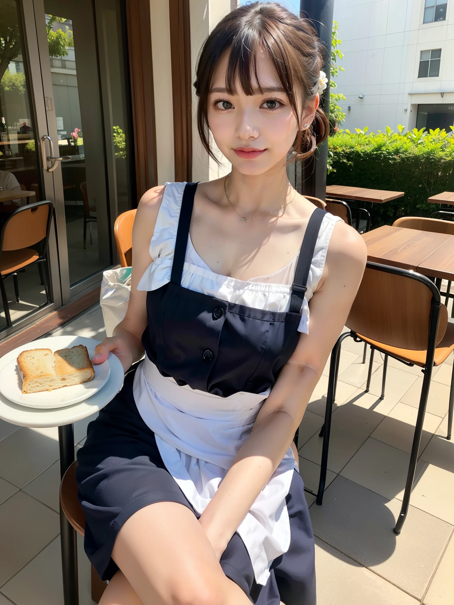 ((Best of the highest quality, 8k, Masterpiece: 1.3, raw photo)), Sharp focus: 1.2, (1 AESPA, slim body type female, 21 y/o: 1.1), (Solo: 1.2), (realistic, photo-realistic:1.37), face focus, cute face, finely eyes, (small breasts, flat chest, Thigh: 1.3), (short messy hair, bangs, updo: 1.28), (cafe waitress: 1.32), terrace dining, sun light, flower,