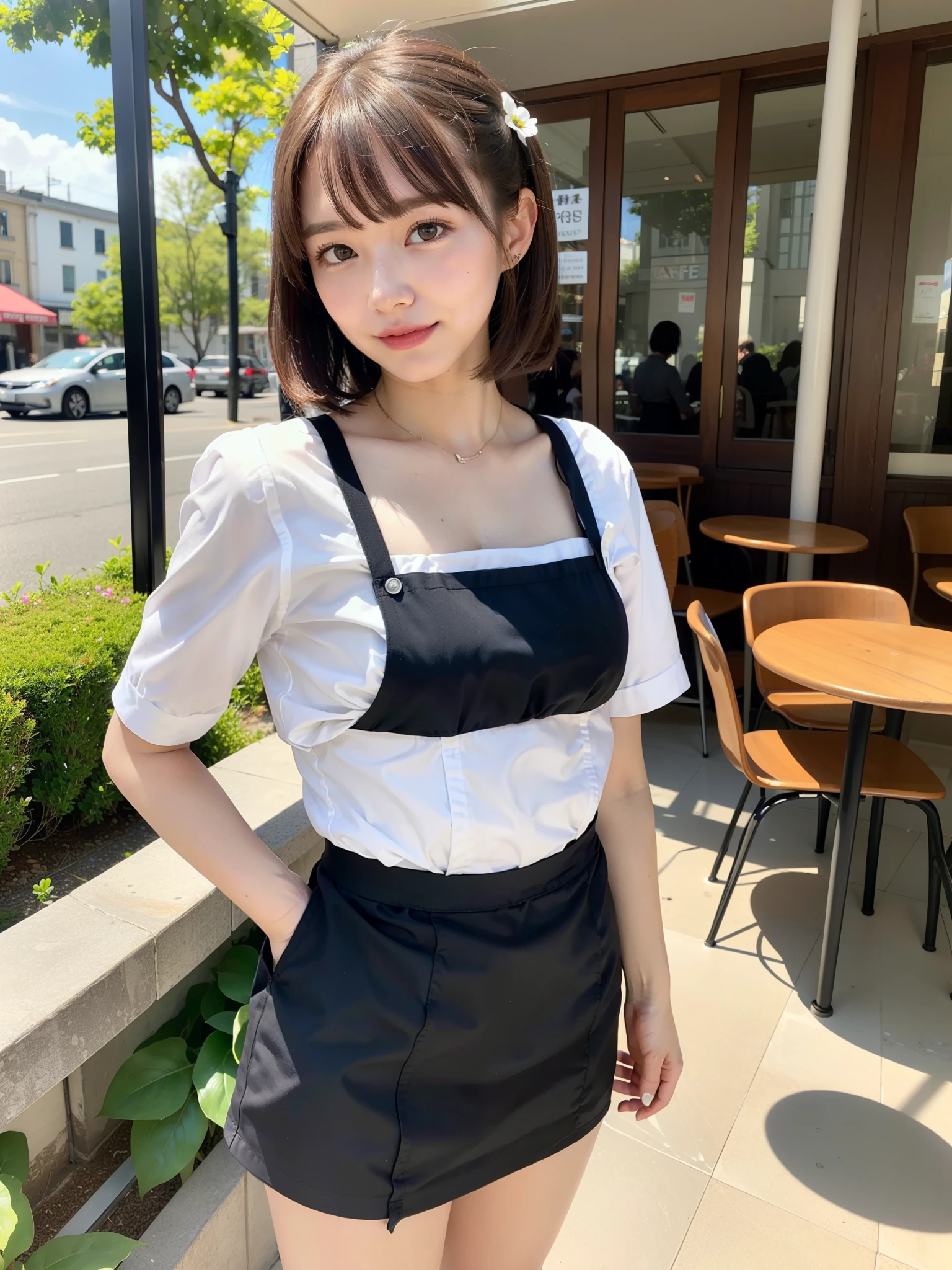((Best of the highest quality, 8k, Masterpiece: 1.3, raw photo)), Sharp focus: 1.2, (1 AESPA, slim body type female, 21 y/o: 1.1), (Solo: 1.2), (realistic, photo-realistic:1.37), face focus, cute face, finely eyes, (small breasts, flat chest, Thigh: 1.3), (short messy hair, bangs, updo: 1.28), (cafe waitress: 1.32), terrace dining, sun light, flower,
