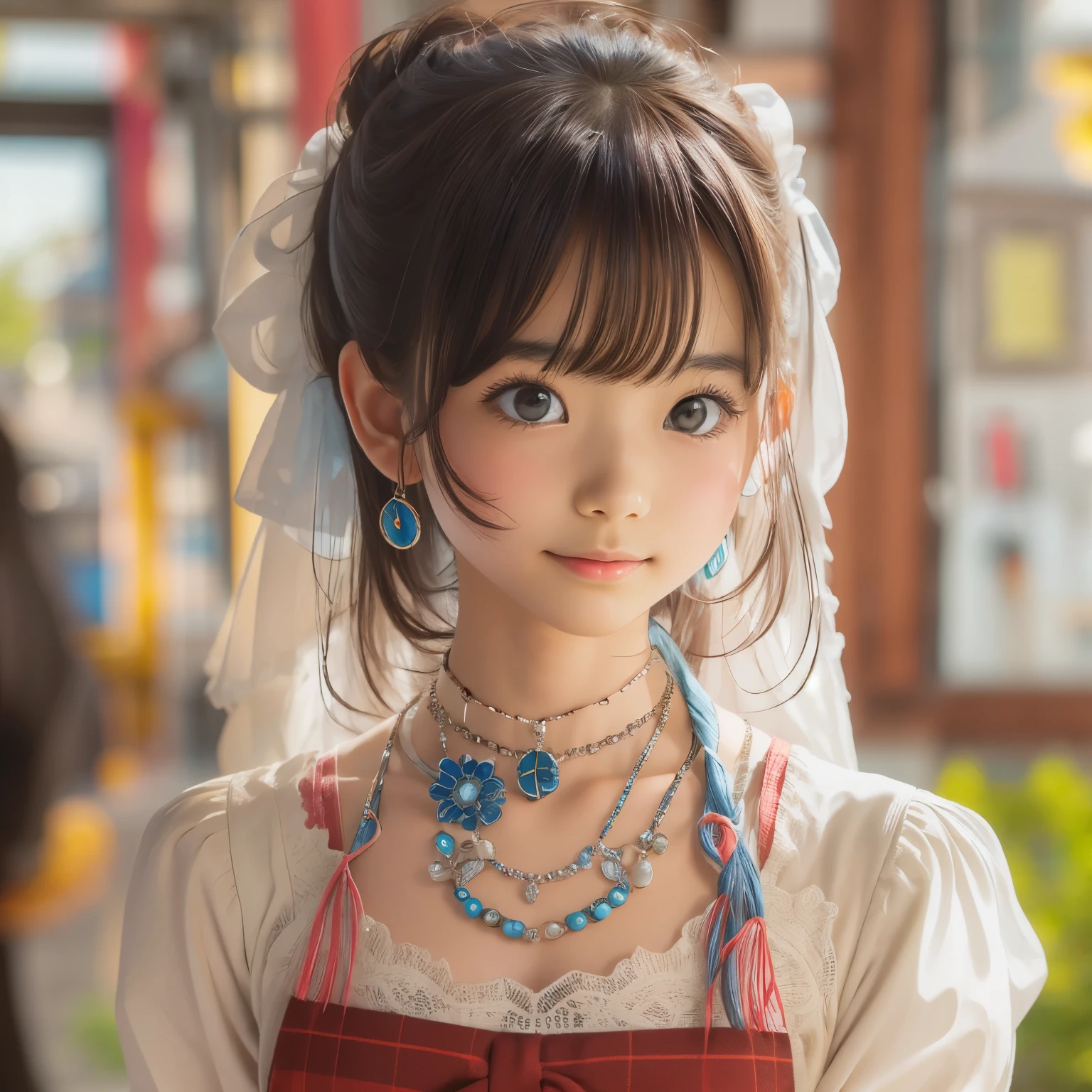 detailed face, cute face,brown eye, ((sfw: 1.4)), (sfw,She is wearing a long white embroidered skirt, a red blouse with lace, a white apron tied around her waist, blue socks, and brown leather shoes.A blue scarf is on her head. Yes, her accessories include necklaces, earrings, and bracelets. 1 Girl)), Ultra High Resolution, (Realistic: 1.4), RAW Photo, Best Quality, (Photorealistic Stick), Focus, Soft Light, (()), ((Japanese)), (( (young face))), (surface), (depth of field), masterpiece, (realistic), woman, bangs, ((1 girl))