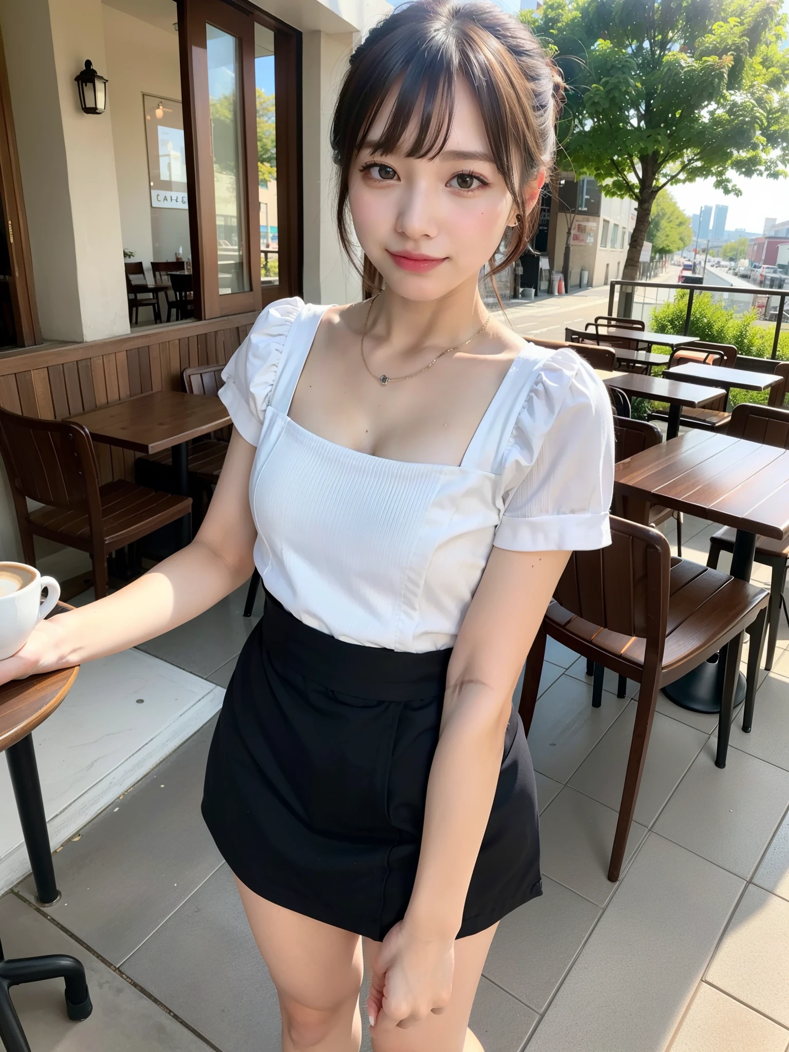 8K、Raw photography、(masuter piece:1.2)、(Photorealsitic:1.2)、(best qualtiy)、((Sleeveless with white frills))、((Adult woman in floral skirt))、((japanes、25-years old))、Light brown hair in one woman、((full body Esbian))、make - up、Smart body、A smile、Poses variadas、hyperdetailed face、A detailed eye、((No close-ups))、(Inside the café、Sitting on a chair)