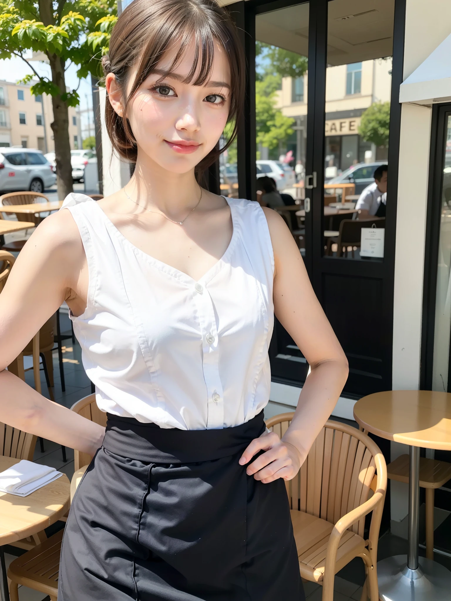 ((Best of the highest quality, 8k, Masterpiece: 1.3, raw photo)), Sharp focus: 1.2, (1 AESPA, slim body type female, 21 y/o: 1.1), (Solo: 1.2), (realistic, photo-realistic:1.37), face focus, cute face, finely eyes, (small breasts, flat chest, Thigh: 1.3), (short messy hair, bangs, updo: 1.28), (cafe waitress: 1.32), terrace dining, sun light, flower,