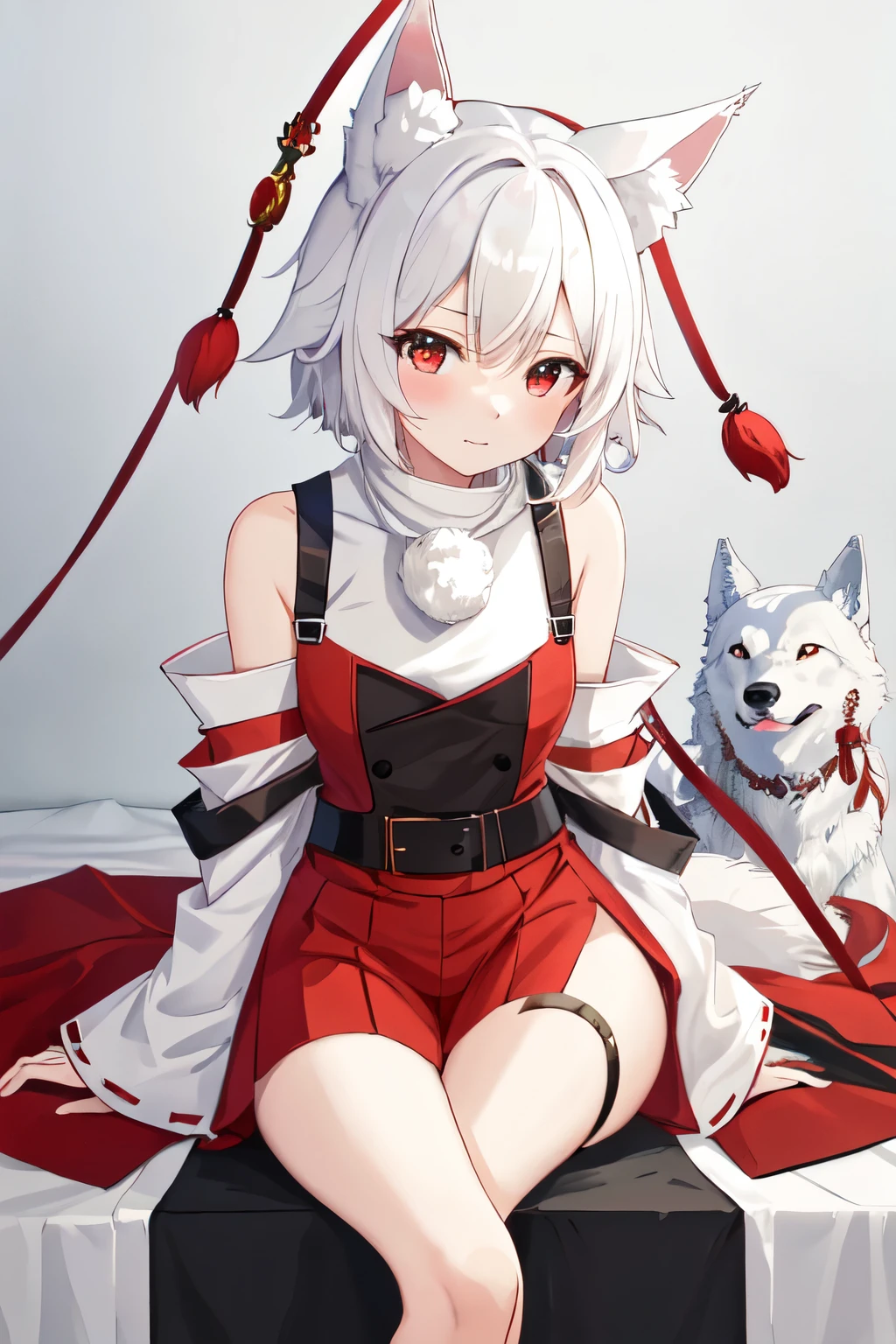 highest quality, masterpiece, High resolution, 一人in, {inubashiri_momiji_East:1.15}, animal_ears, Wolf_ears, short_hair, red_eye, white_hair, hin, Talkin&#39;_hin, Wolf_tail, tail, red面, chest, One girl, just_shoulder, Looking_in_Audience, look_look_\(Clothes\), Simple_background, 前hair, independent_sleeve, shirt, white_background, white_shirt, red_headwear, upper_body, animal_ear_Fluff, ribbon-trimmed_sleeve, ribbon_trim, Closed_mouth, hair_between_eye, wide_sleeve