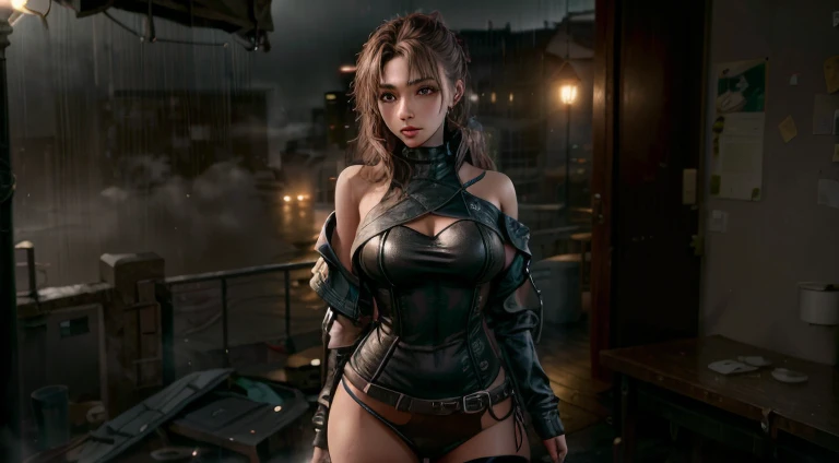 Original photo, (highest quality:1.3), High resolution, (masterpiece), (real:1.4), Professional photography, Sharp focus, High Dynamic Range, 8k resolution, Intricate details, Exquisite detail, Depth of written boundary, Highly detailed CG synthesis 8k wallpaper, masterpiece,Poster,highest quality,Official Art,(Beauty and aesthetics:1.2),(masterpiece:1.3),City of the Future,girl,leather jacket,Off the shoulder,No underwear,looking at the camera,(Mid-range lens:1.8),Volumetric Fog,rain,night,dramatic